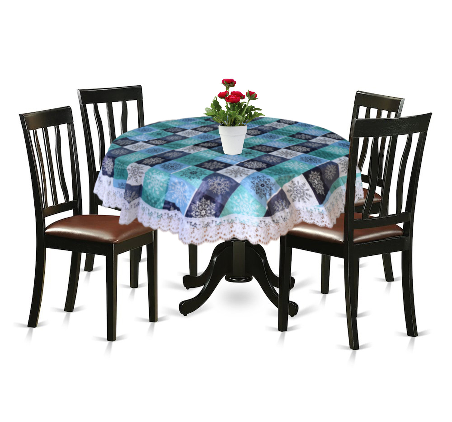 Kuber Industries Multi Check Printed PVC 4 Seater Round Shape Table Cover, Protector With White Lace Border, 60