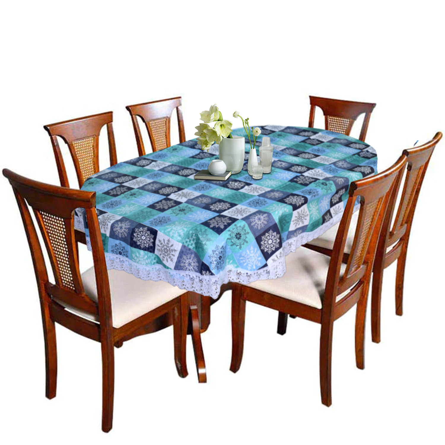 Kuber Industries Multi Check Printed PVC 6 Seater Oval Shape Table Cover, Protector With White Lace Border, 60