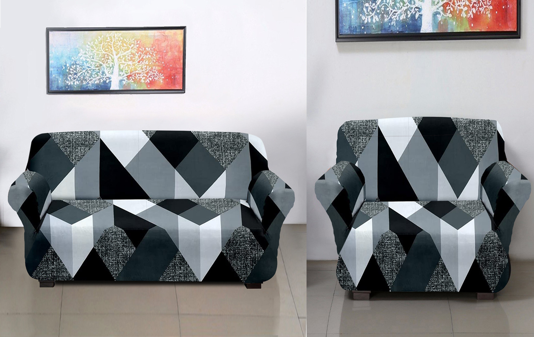 Kuber Industries Multi Check Printed Stretchable, Non-Slip Polyster 1 & 3 Seater Sofa Cover/Slipcover/Protector Set With Foam Stick, Set of 2 (Grey)