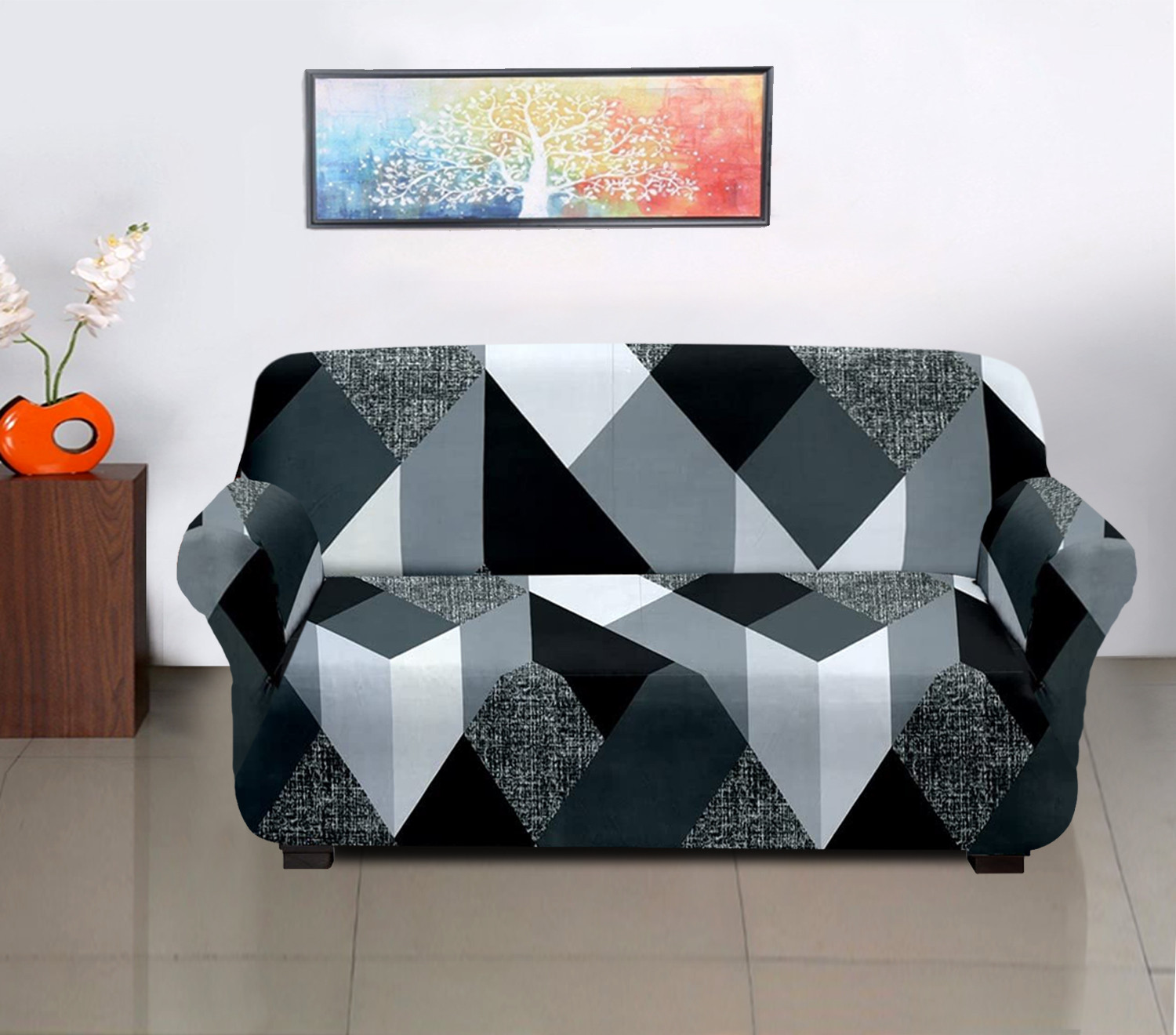 Kuber Industries Multi Check Printed Stretchable, Non-Slip Polyster 3 Seater Sofa Cover/Slipcover/Protector With Foam Stick (Grey)