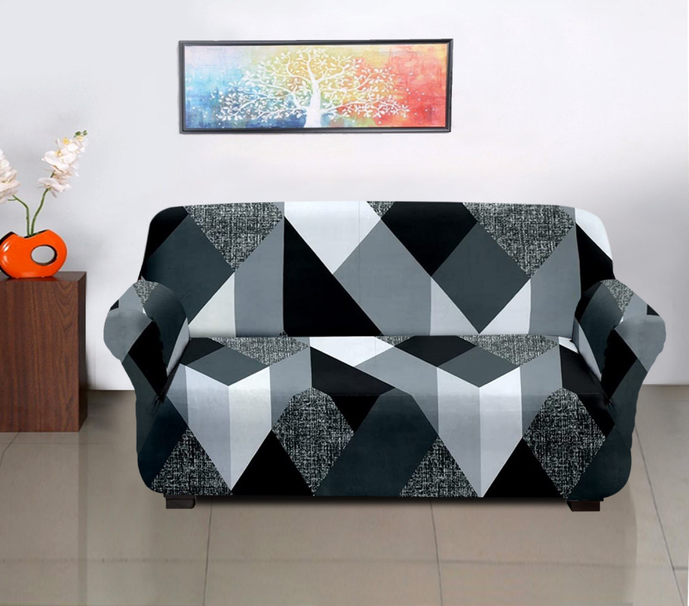 Kuber Industries Multi Check Printed Stretchable, Non-Slip Polyster 3 Seater Sofa Cover/Slipcover/Protector With Foam Stick (Grey)
