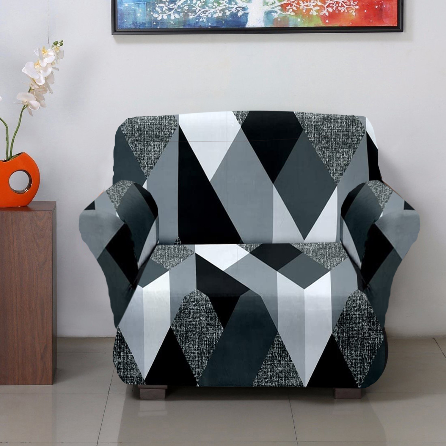 Kuber Industries Multi Check Printed Stretchable, Non-Slip Polyster Single Seater Sofa Cover/Slipcover/Protector With Foam Stick (Grey)