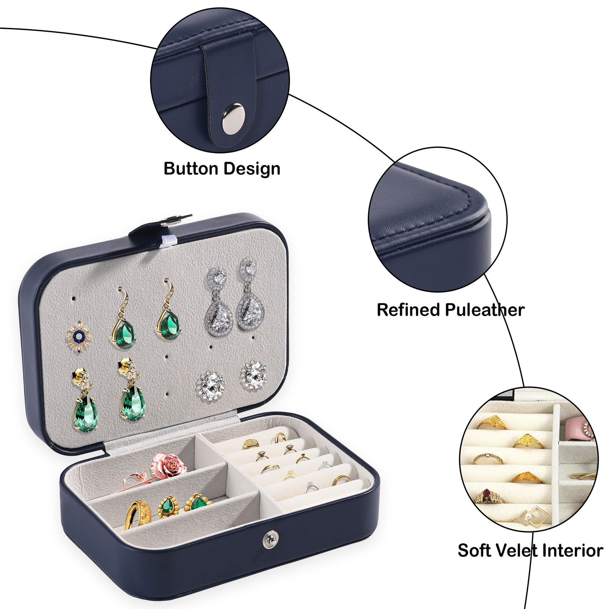 Kuber Industries Multi-Compartment Jewellery Box For Women  Elegant Ornaments Organizer Storage Box for Ring Stud  Necklace  Aesthetic Singar Case for Girls  YJ-25-NBLU  Navy Blue