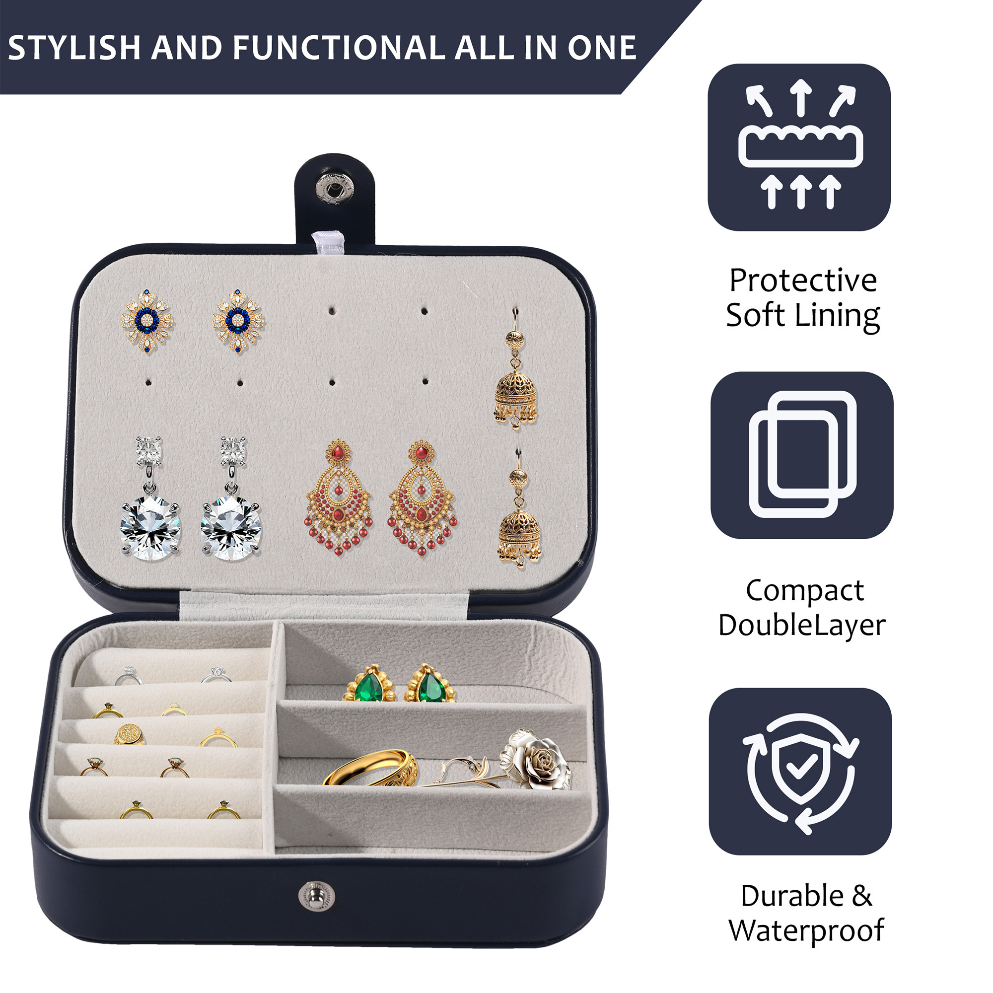 Kuber Industries Multi-Compartment Jewellery Box For Women  Elegant Ornaments Organizer Storage Box for Ring Stud  Necklace  Aesthetic Singar Case for Girls  YJ-25-NBLU  Navy Blue