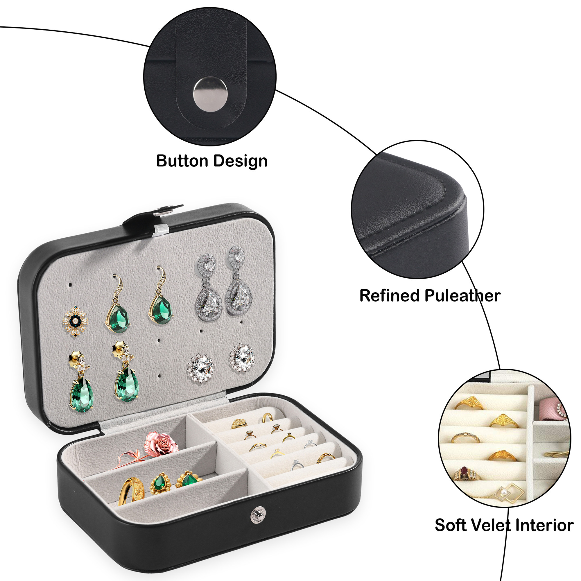 Kuber Industries Multi-Compartment Jewellery Box For Women  Elegant Ornaments Organizer Storage Box for Rings Studs  Necklaces  Aesthetic Singar Case for Girls  YJ-25-BLK  Black