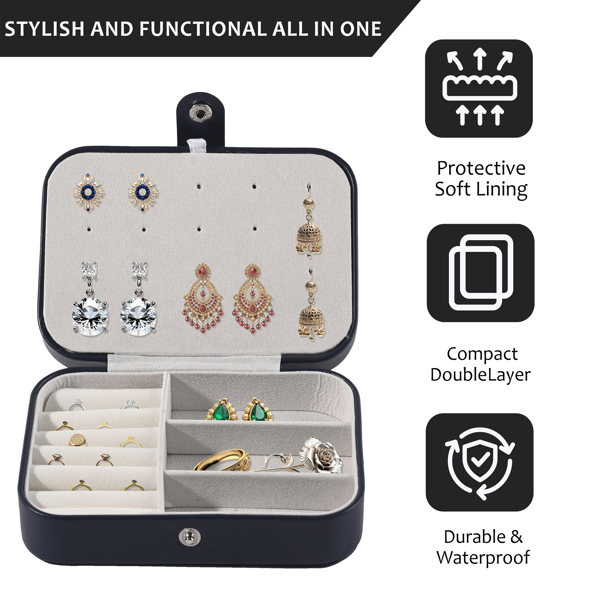 Kuber Industries Multi-Compartment Jewellery Box For Women  Elegant Ornaments Organizer Storage Box for Rings Studs  Necklaces  Aesthetic Singar Case for Girls  YJ-25-BLK  Black