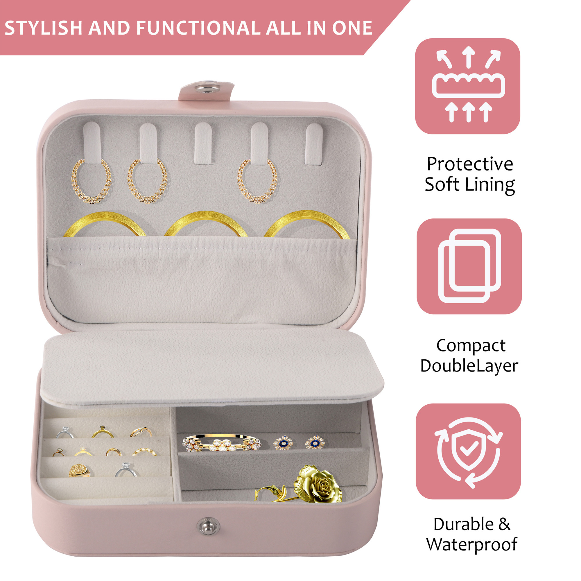 Kuber Industries Multi-Compartment Jewellery Box For Women  Elegant Ornaments Organizer Storage Box for Ring Stud  Necklace  Aesthetic Singar Case for Girls  YJ-25-LPNK  Baby Pink