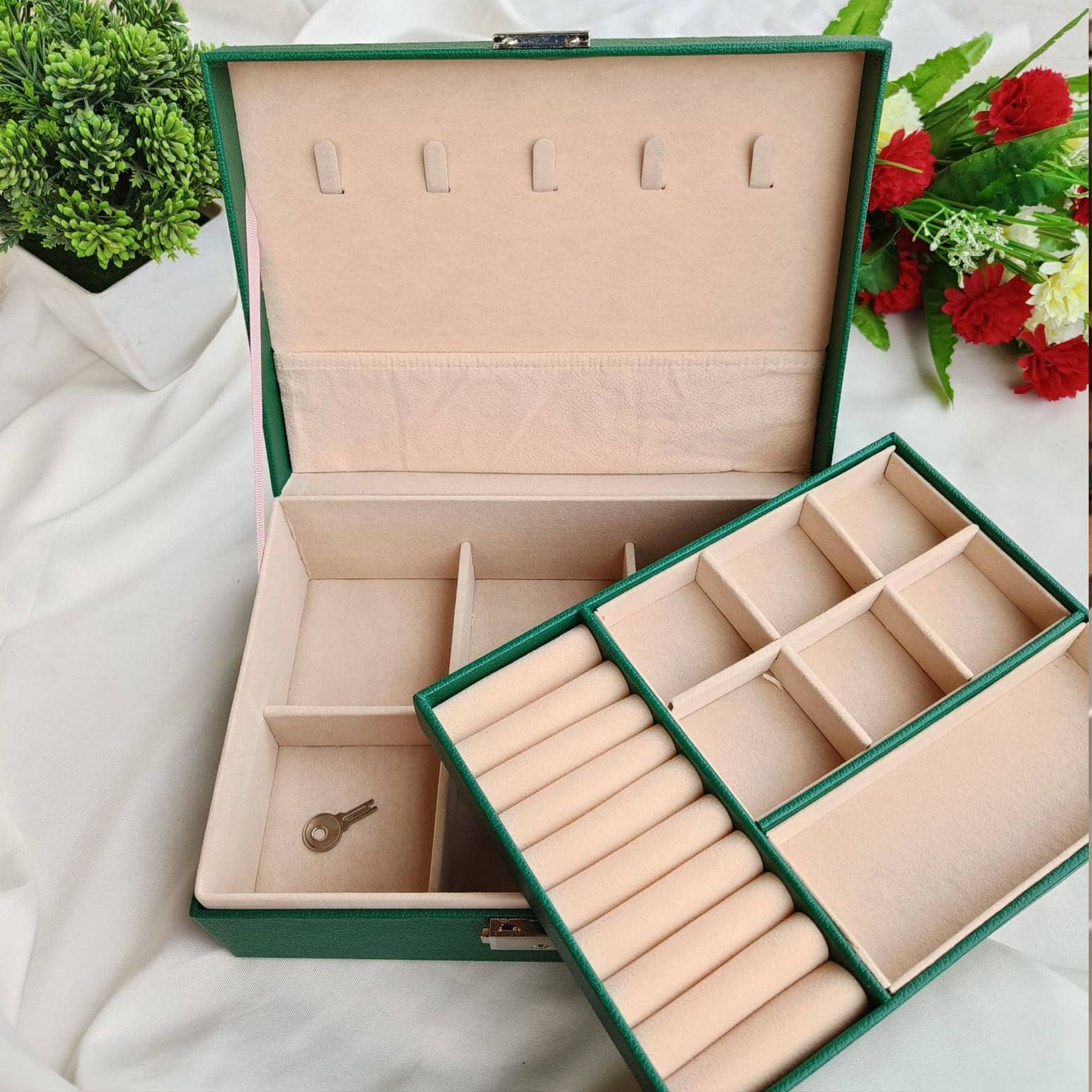 Kuber Industries Multi-Compartment Jewellery Box For Women with Keylock  Elegant Ornaments Organizer Storage Box for Ring Stud Necklace  Aesthetic Singar Case  YJ-26-GRY  Plain Gray