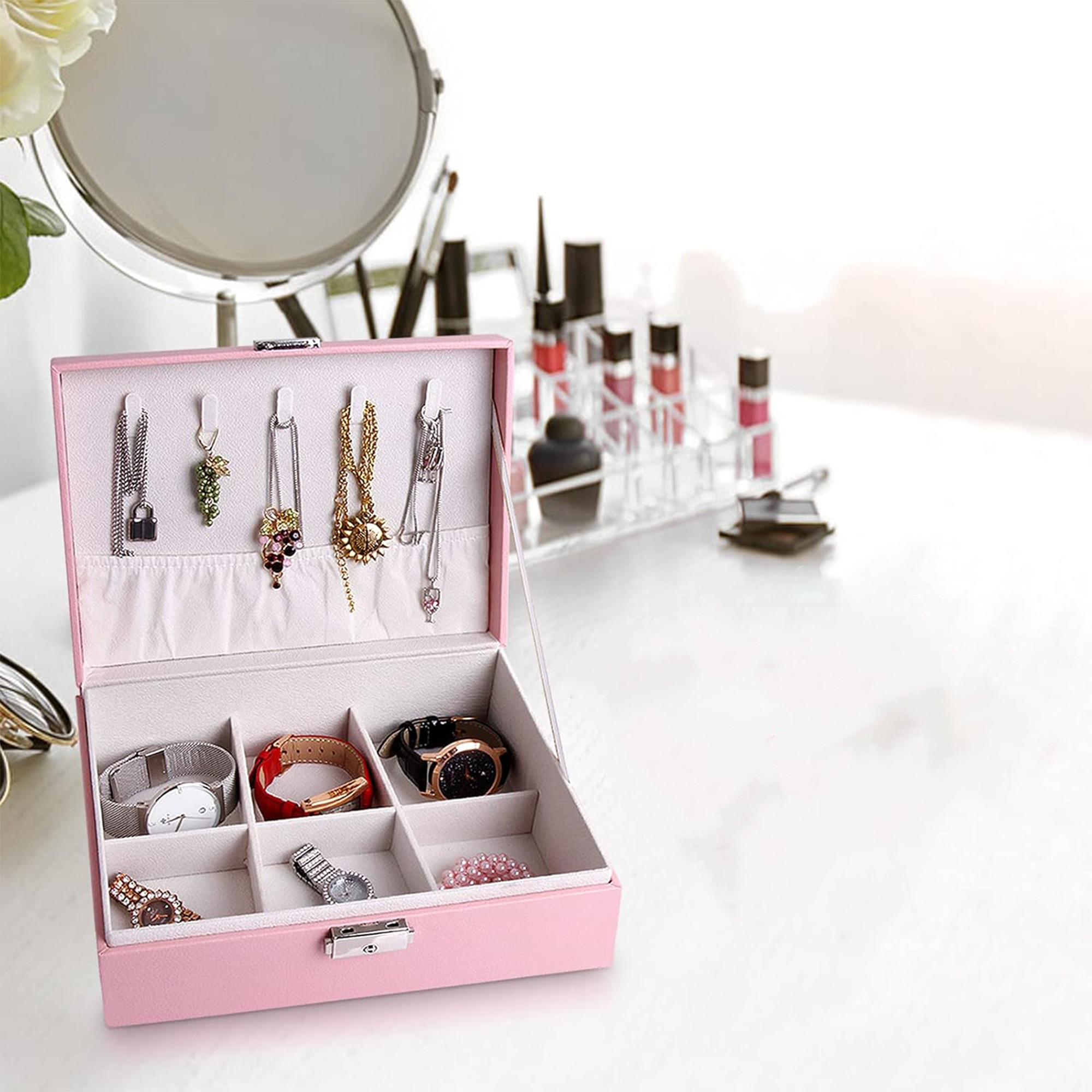 Kuber Industries Multi-Compartment Jewellery Box For Women with Keylock  Elegant Ornaments Organizer Storage Box for Ring Stud Necklaces  Aesthetic Singar Case  YJ-26-PNK  Baby Pink