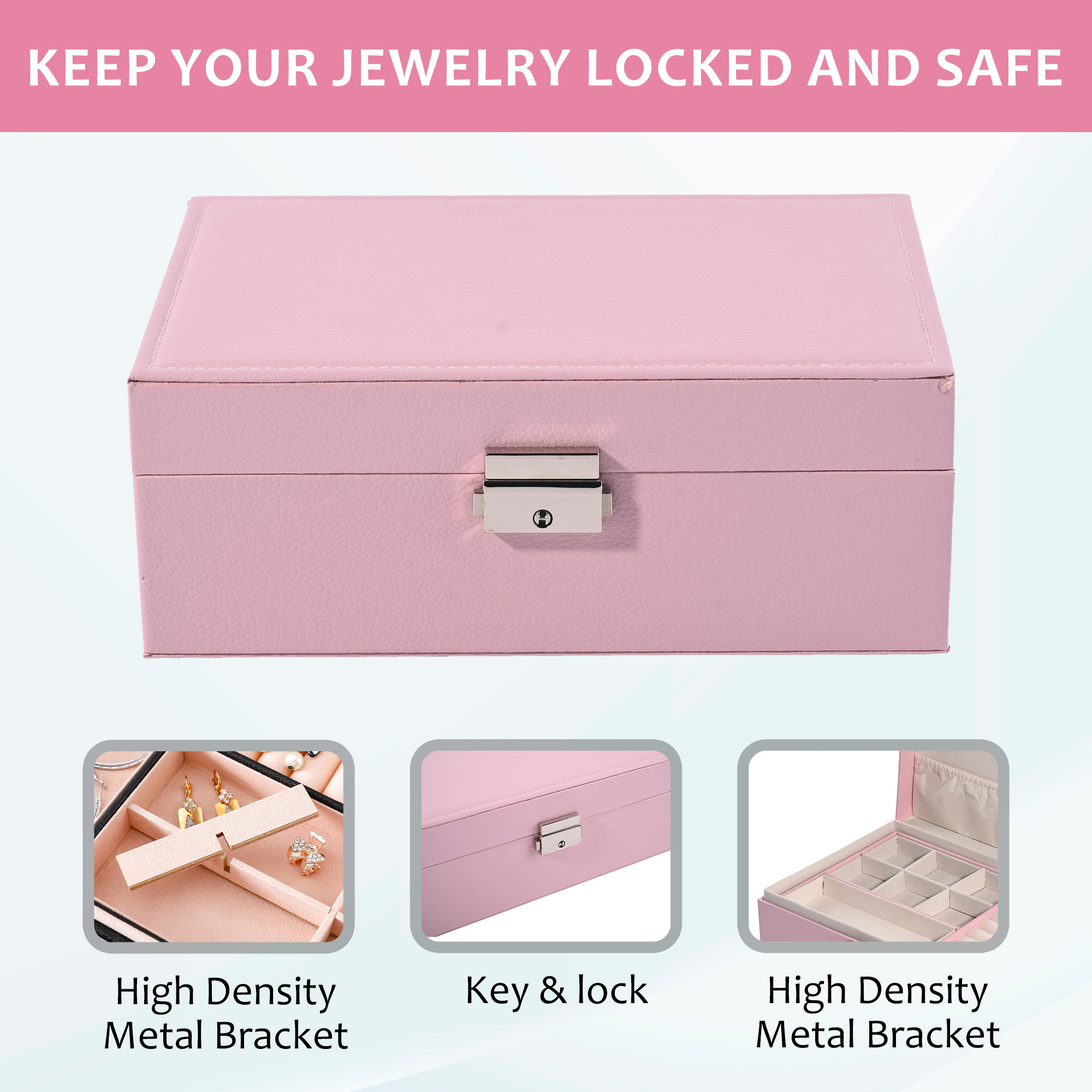 Kuber Industries Multi-Compartment Jewellery Box For Women with Keylock  Elegant Ornaments Organizer Storage Box for Ring Stud Necklaces  Aesthetic Singar Case  YJ-26-PNK  Baby Pink
