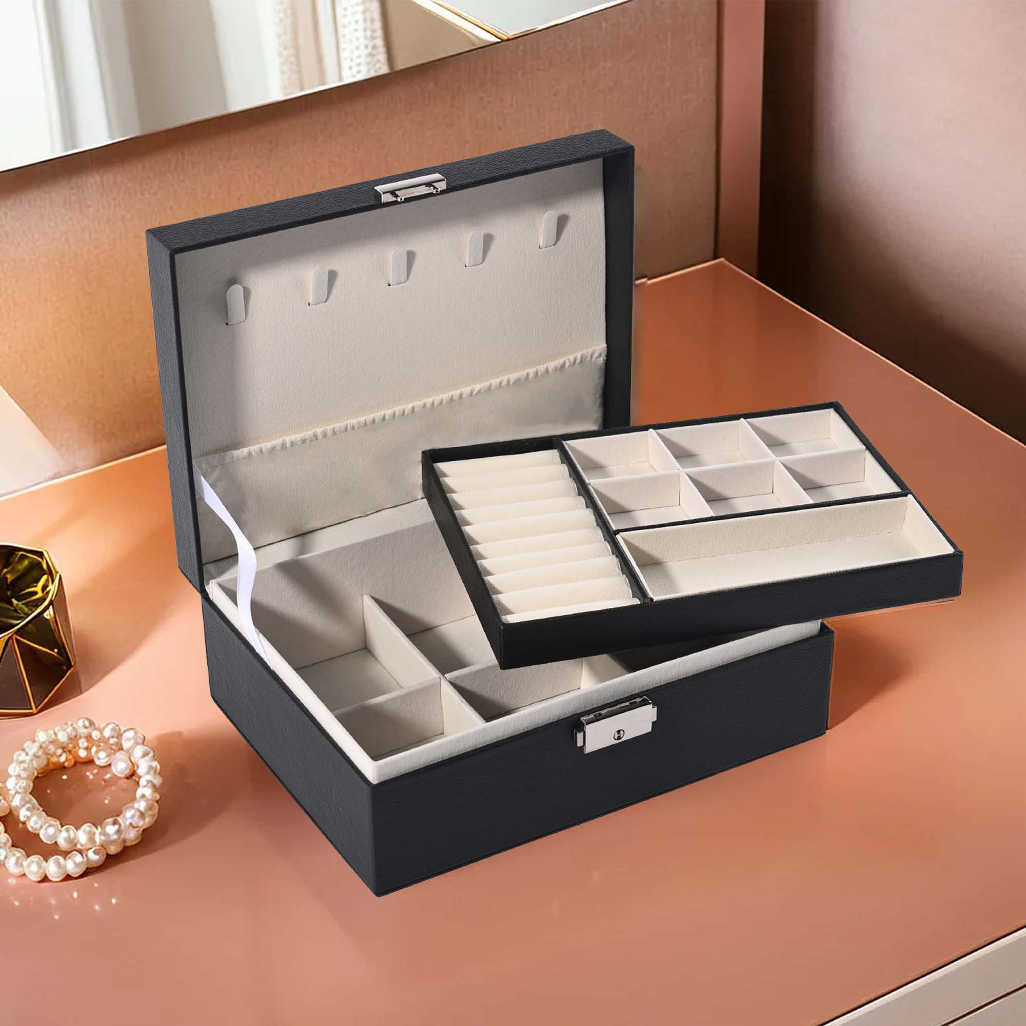 Kuber Industries Multi-Compartment Jewellery Box For Women with Keylock  Elegant Ornaments Organizer Storage Box for Ring Stud Necklaces  Aesthetic Singar Case  YJ-26-BLK  Black