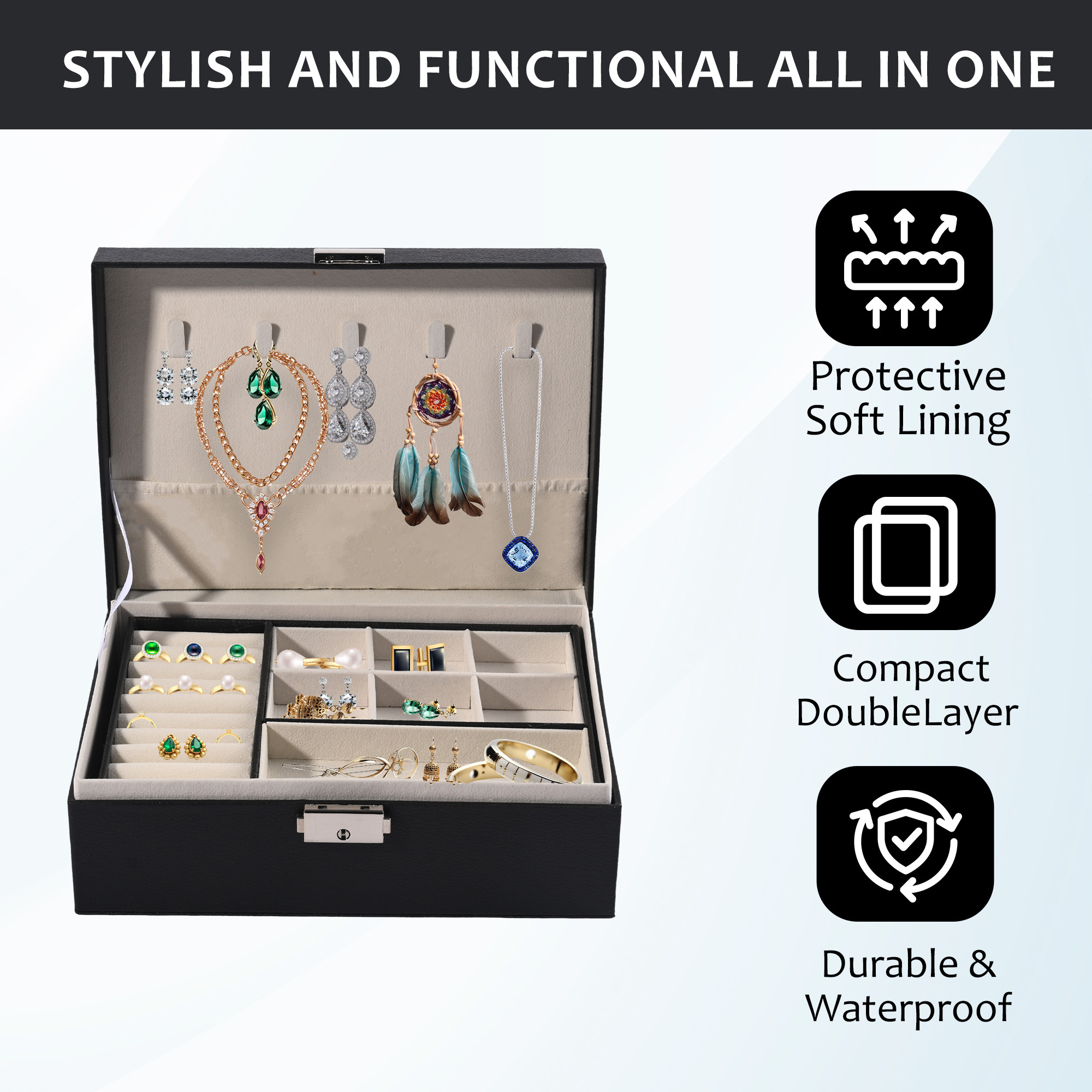 Kuber Industries Multi-Compartment Jewellery Box For Women with Keylock  Elegant Ornaments Organizer Storage Box for Ring Stud Necklaces  Aesthetic Singar Case  YJ-26-BLK  Black