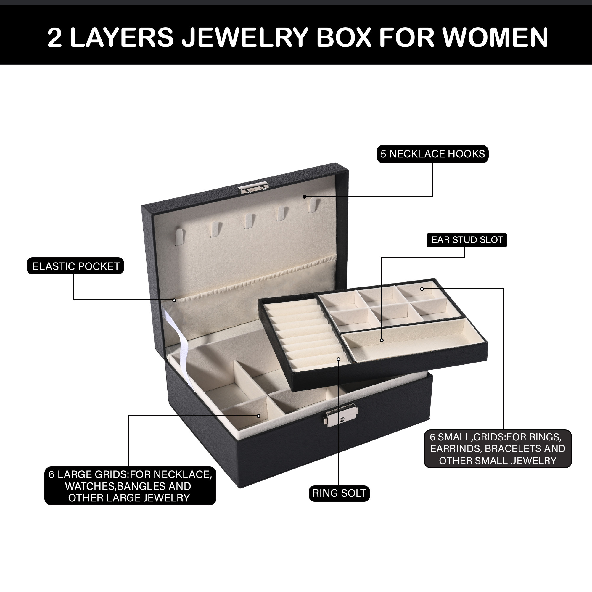 Kuber Industries Multi-Compartment Jewellery Box For Women with Keylock  Elegant Ornaments Organizer Storage Box for Ring Stud Necklaces  Aesthetic Singar Case  YJ-26-BLK  Black