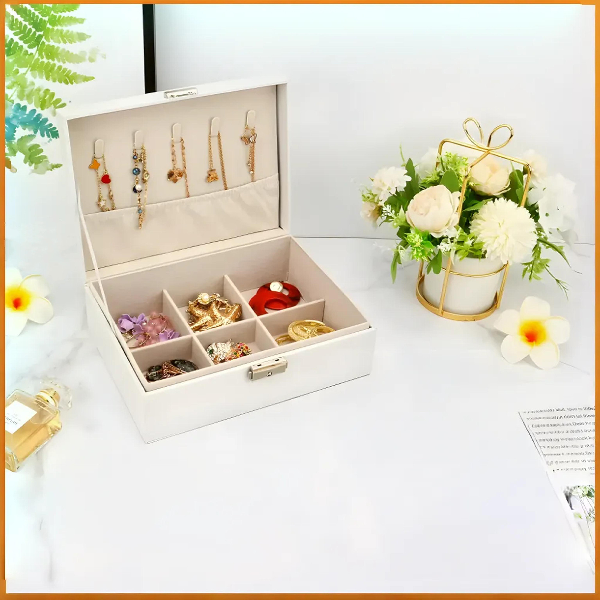 Kuber Industries Multi-Compartment Jewellery Box For Women with Keylock  Elegant Ornaments Organizer Storage Box for Ring Stud Necklaces  Aesthetic Singar Case  YJ-26-BG  White