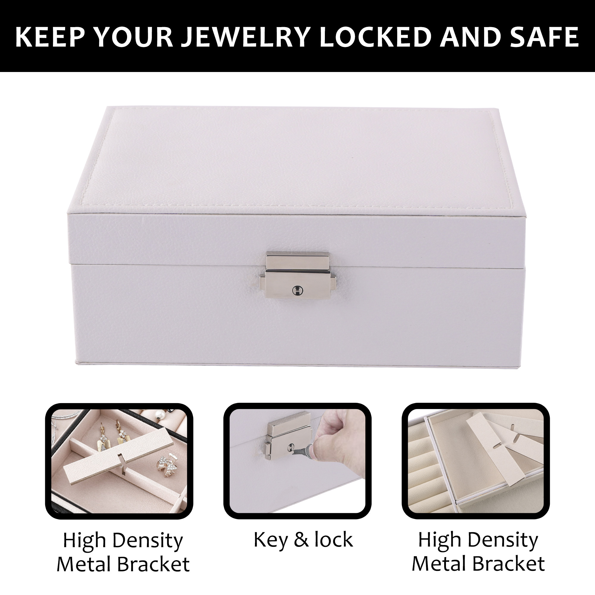 Kuber Industries Multi-Compartment Jewellery Box For Women with Keylock  Elegant Ornaments Organizer Storage Box for Ring Stud Necklaces  Aesthetic Singar Case  YJ-26-BG  White