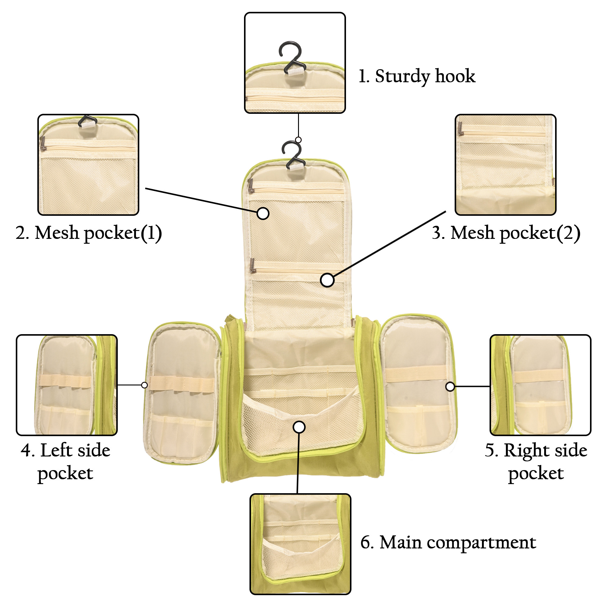 Kuber Industries Multi-Compartment Travel Toiletry Pouch for Men  Women with Zip  Hanger  Space-Saving Cosmetic Bags for Women  Shaving Kit  Wash Bag for Men  YJ-14-GRN  Green