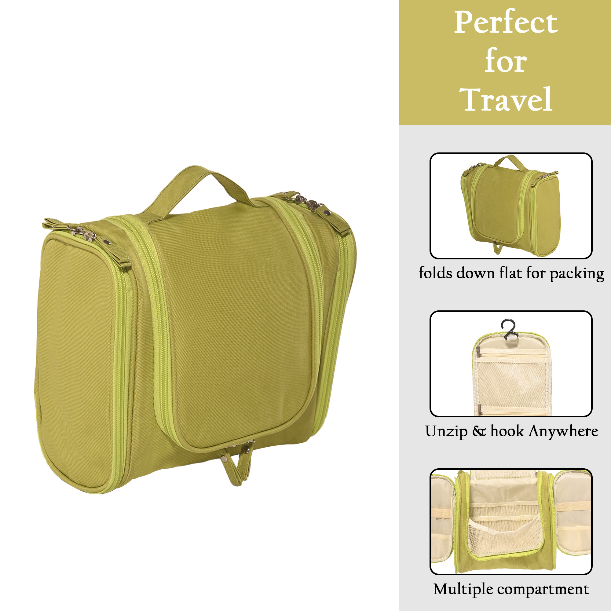 Kuber Industries Multi-Compartment Travel Toiletry Pouch for Men  Women with Zip  Hanger  Space-Saving Cosmetic Bags for Women  Shaving Kit  Wash Bag for Men  YJ-14-GRN  Green