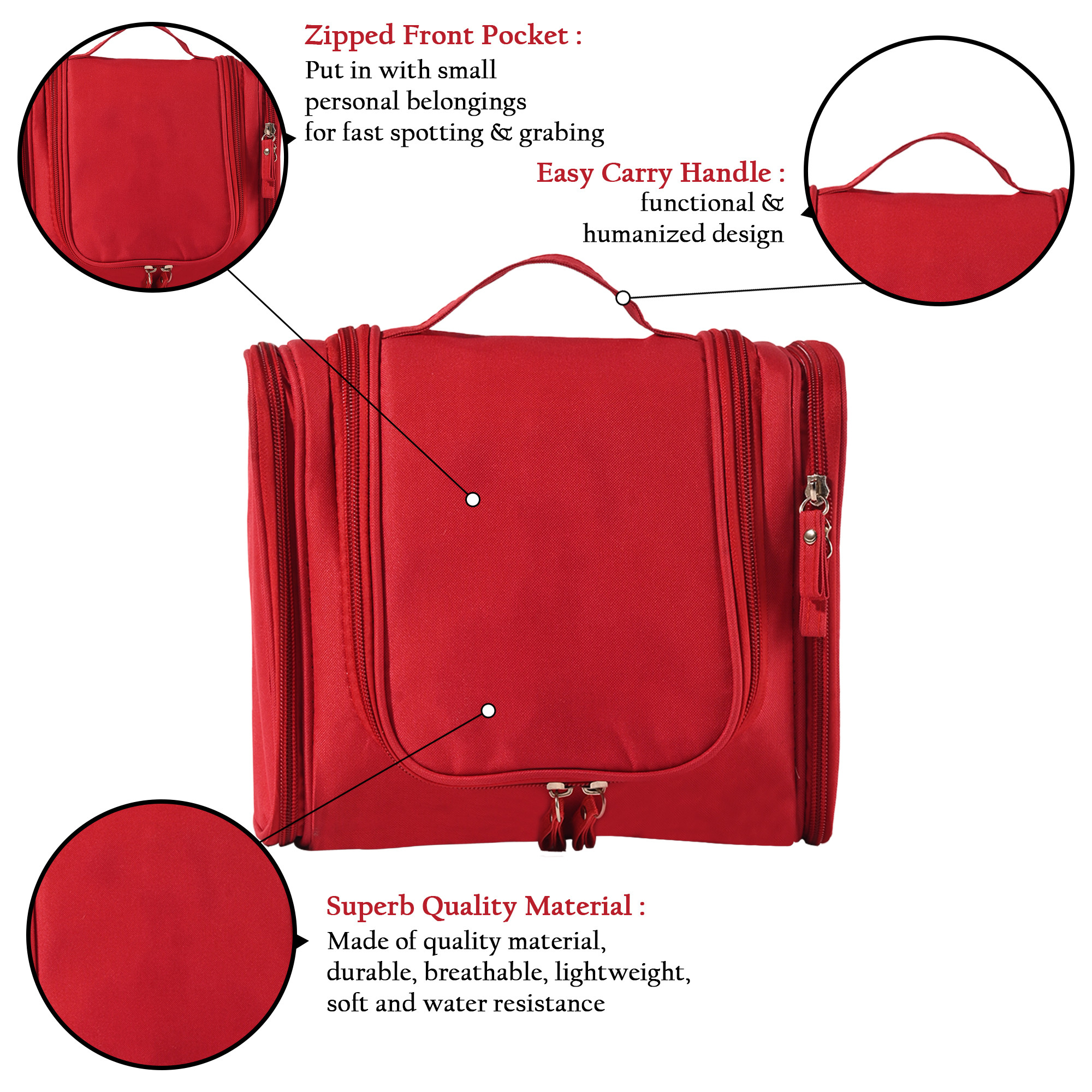 Kuber Industries Multi-Compartment Travel Toiletry Pouch for Men  Women with Zip  Hanger  Space-Saving Cosmetic Bags for Women  Shaving Kit  Wash Bag for Men  YJ-14-RED  Red