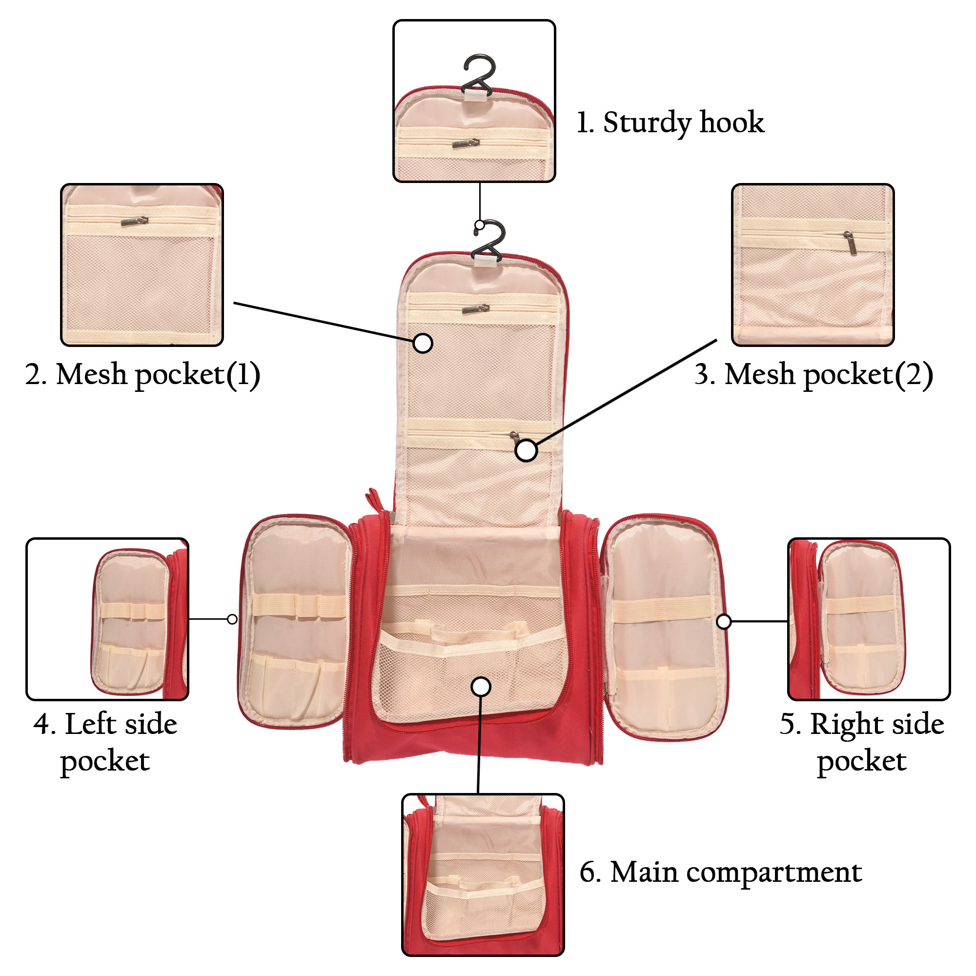 Kuber Industries Multi-Compartment Travel Toiletry Pouch for Men  Women with Zip  Hanger  Space-Saving Cosmetic Bags for Women  Shaving Kit  Wash Bag for Men  YJ-14-RED  Red