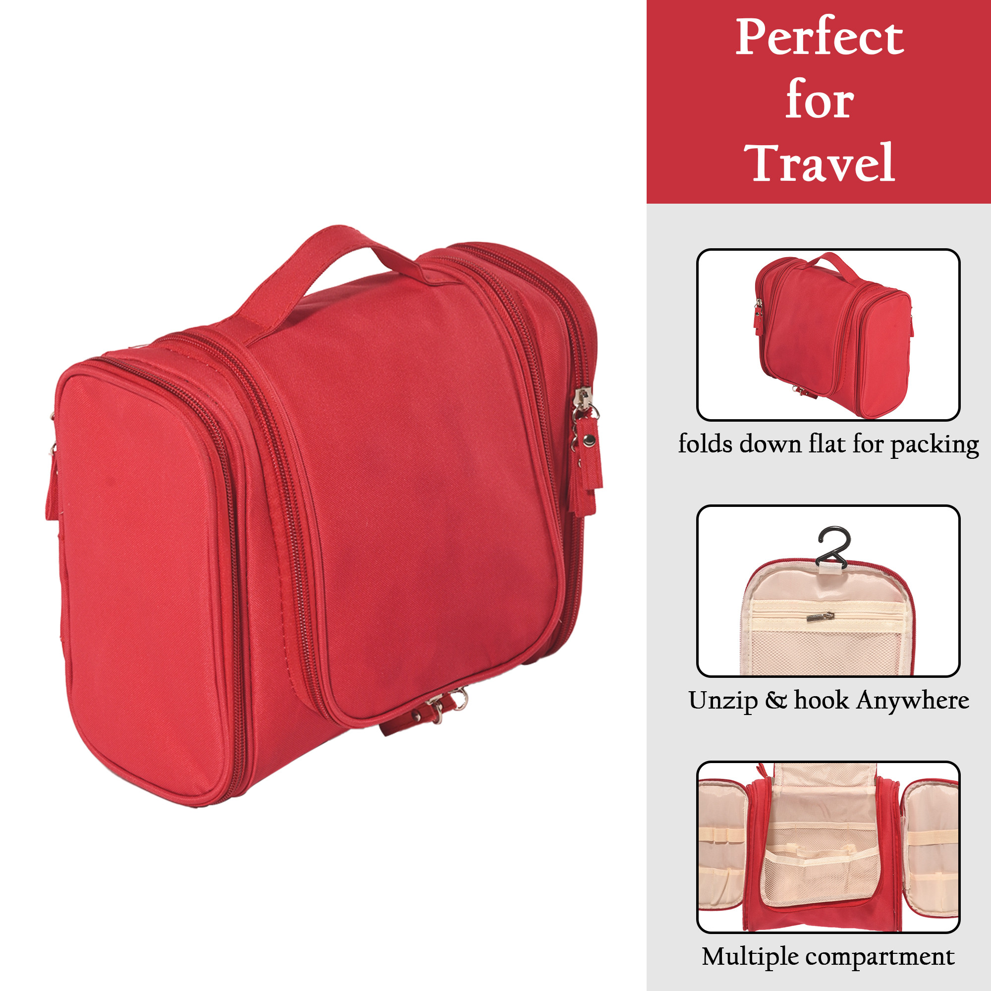 Kuber Industries Multi-Compartment Travel Toiletry Pouch for Men  Women with Zip  Hanger  Space-Saving Cosmetic Bags for Women  Shaving Kit  Wash Bag for Men  YJ-14-RED  Red
