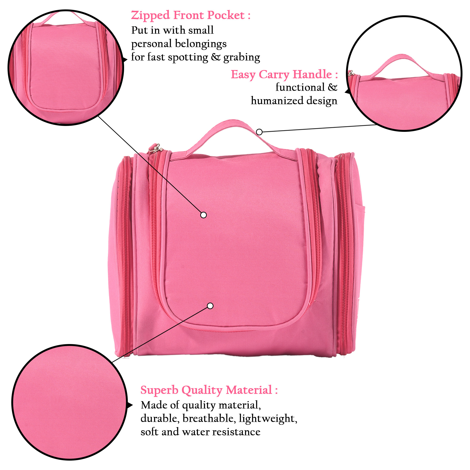 Kuber Industries Multi-Compartment Travel Toiletry Pouch for Men  Women with Zip  Hanger  Space-Saving Cosmetic Bags for Women  Shaving Kit  Wash Bag for Men  YJ-14-PNK  Pink