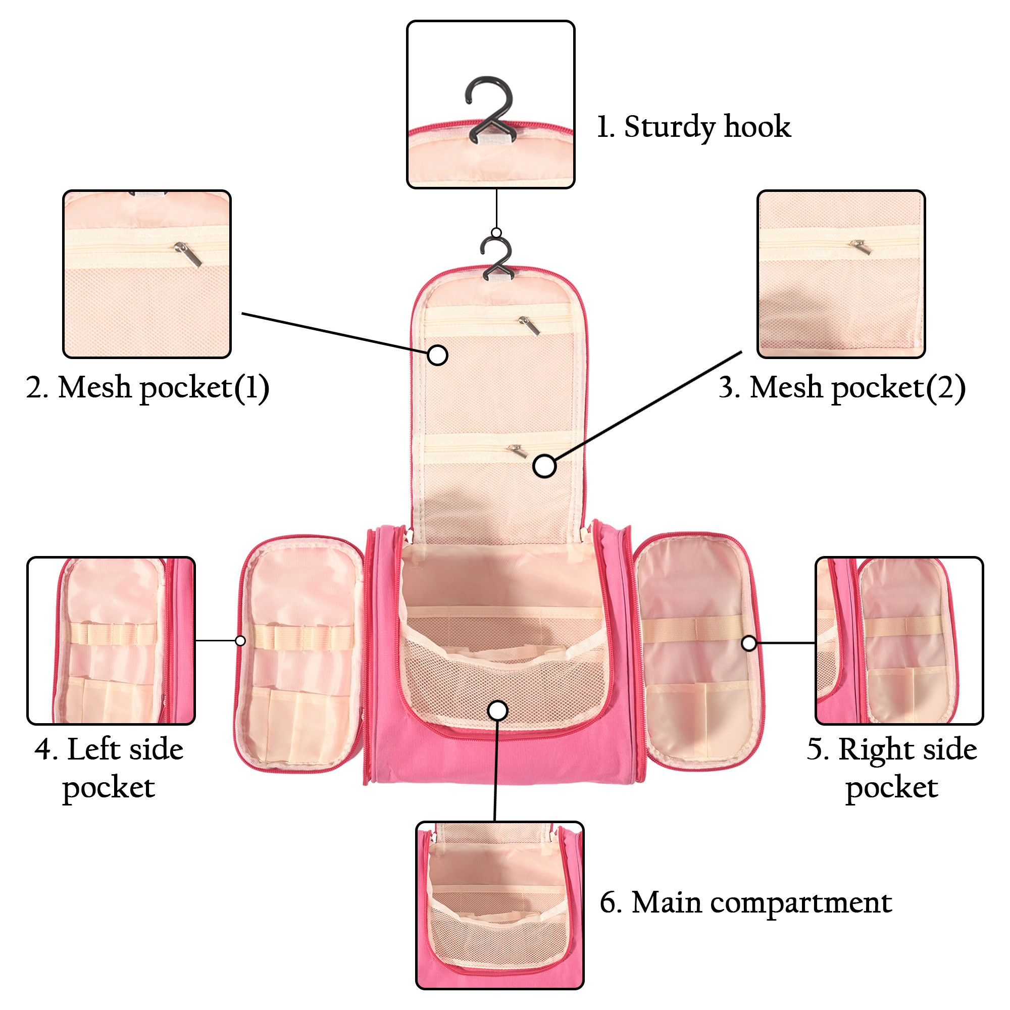 Kuber Industries Multi-Compartment Travel Toiletry Pouch for Men  Women with Zip  Hanger  Space-Saving Cosmetic Bags for Women  Shaving Kit  Wash Bag for Men  YJ-14-PNK  Pink