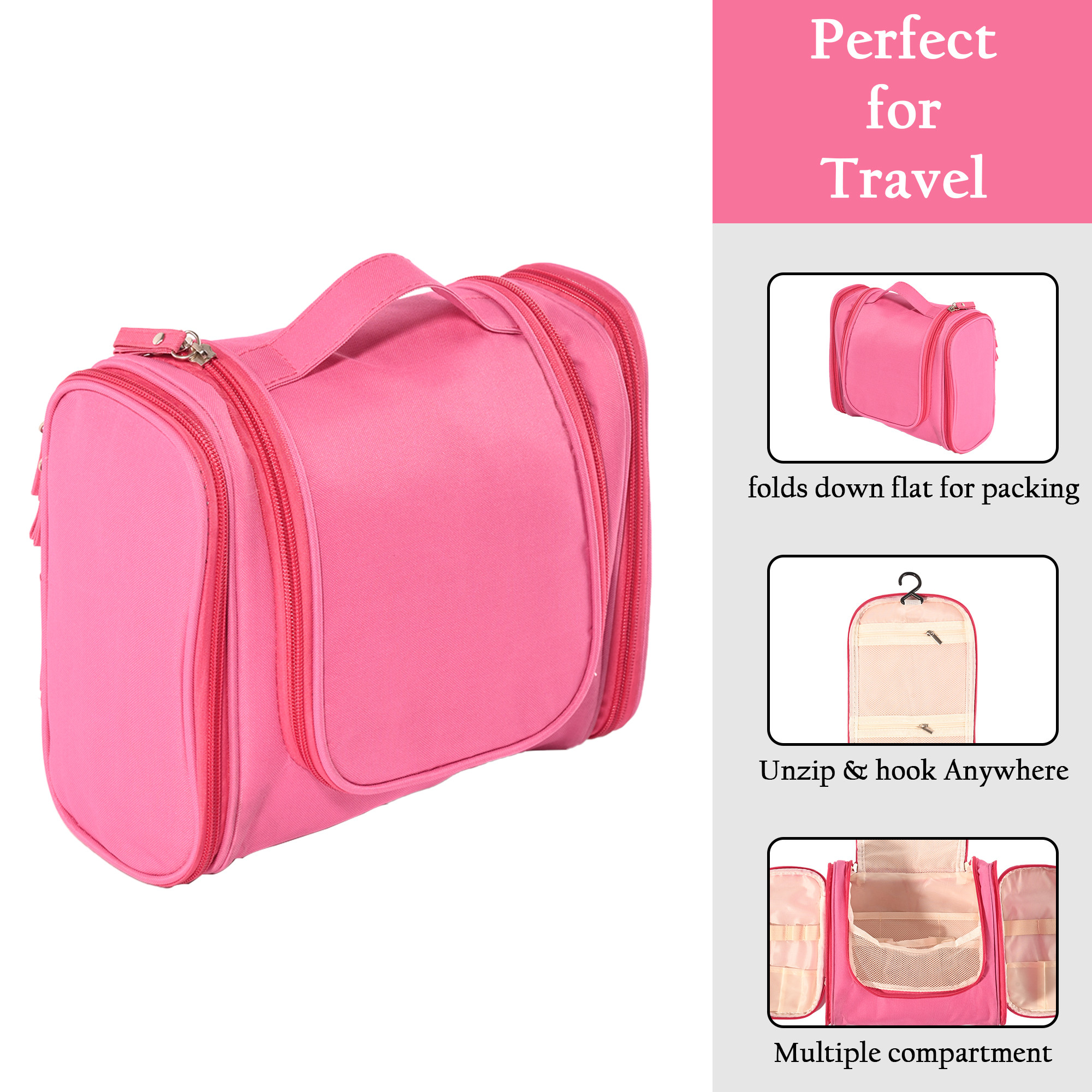 Kuber Industries Multi-Compartment Travel Toiletry Pouch for Men  Women with Zip  Hanger  Space-Saving Cosmetic Bags for Women  Shaving Kit  Wash Bag for Men  YJ-14-PNK  Pink