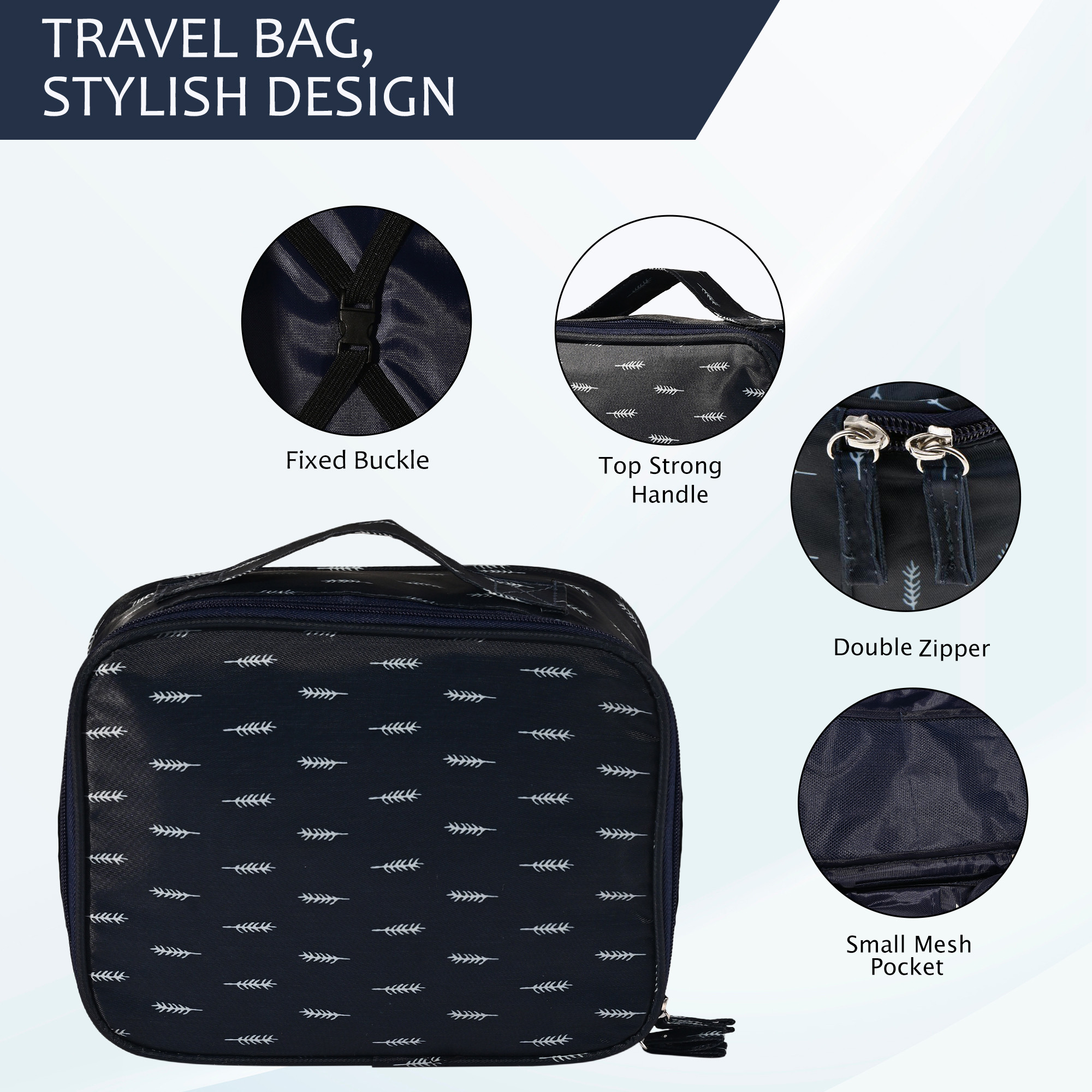 Kuber Industries Multi-Compartment Travel Toiletry Pouch for Men with Handle  Space-Saving Cosmetic Bag for Women  Shaving Kit  Wash Bag for Men  YJ-15-NBLU  Feather Print -Navy Blue