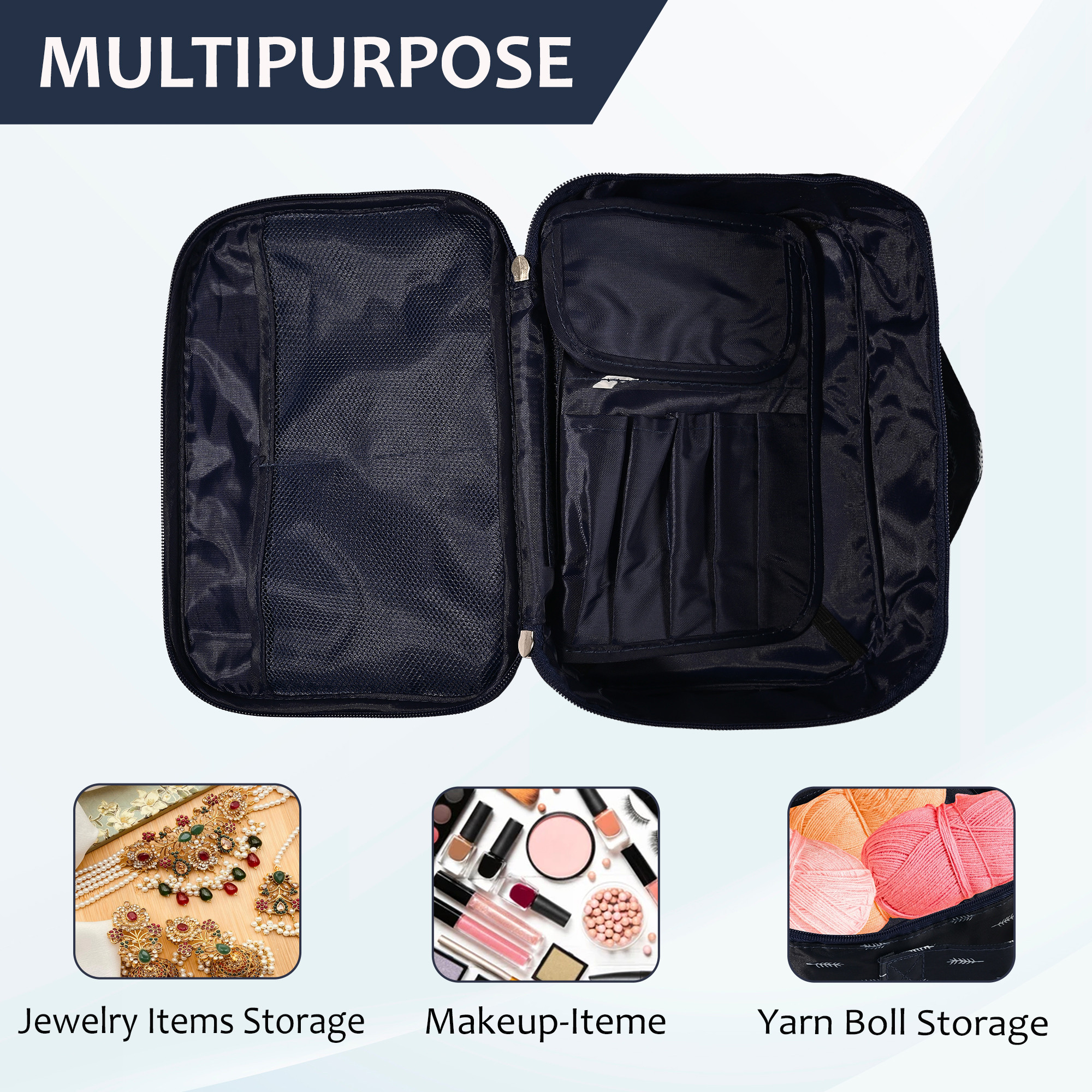 Kuber Industries Multi-Compartment Travel Toiletry Pouch for Men with Handle  Space-Saving Cosmetic Bag for Women  Shaving Kit  Wash Bag for Men  YJ-15-NBLU  Feather Print -Navy Blue