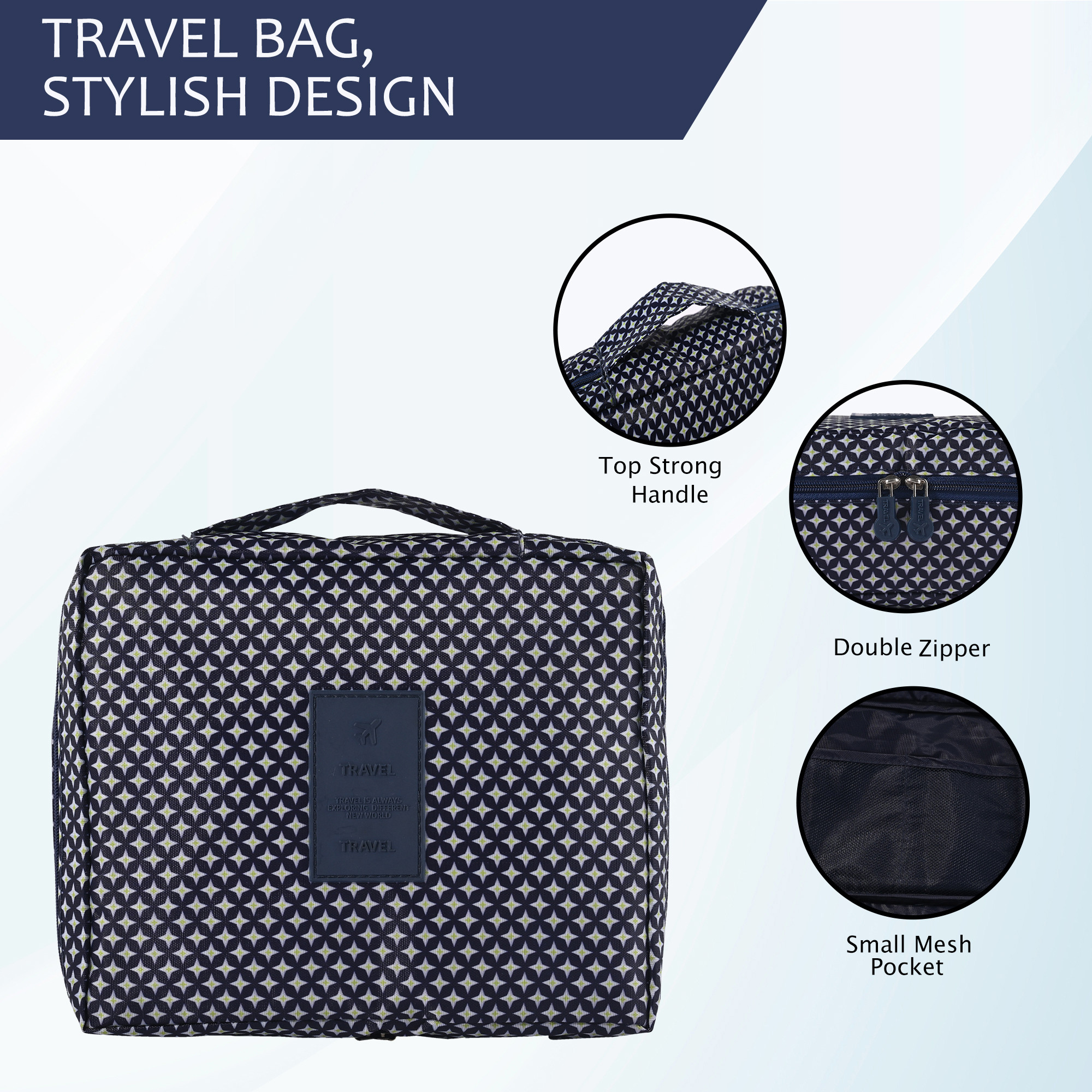 Kuber Industries Multi-Compartment Travel Toiletry Pouch for Men with Hanger  Space-Saving Cosmetic Bags for Women  Shaving Kit  Wash Bag for Men  YJ-16-NBLU  Dot Print - Navy Blue