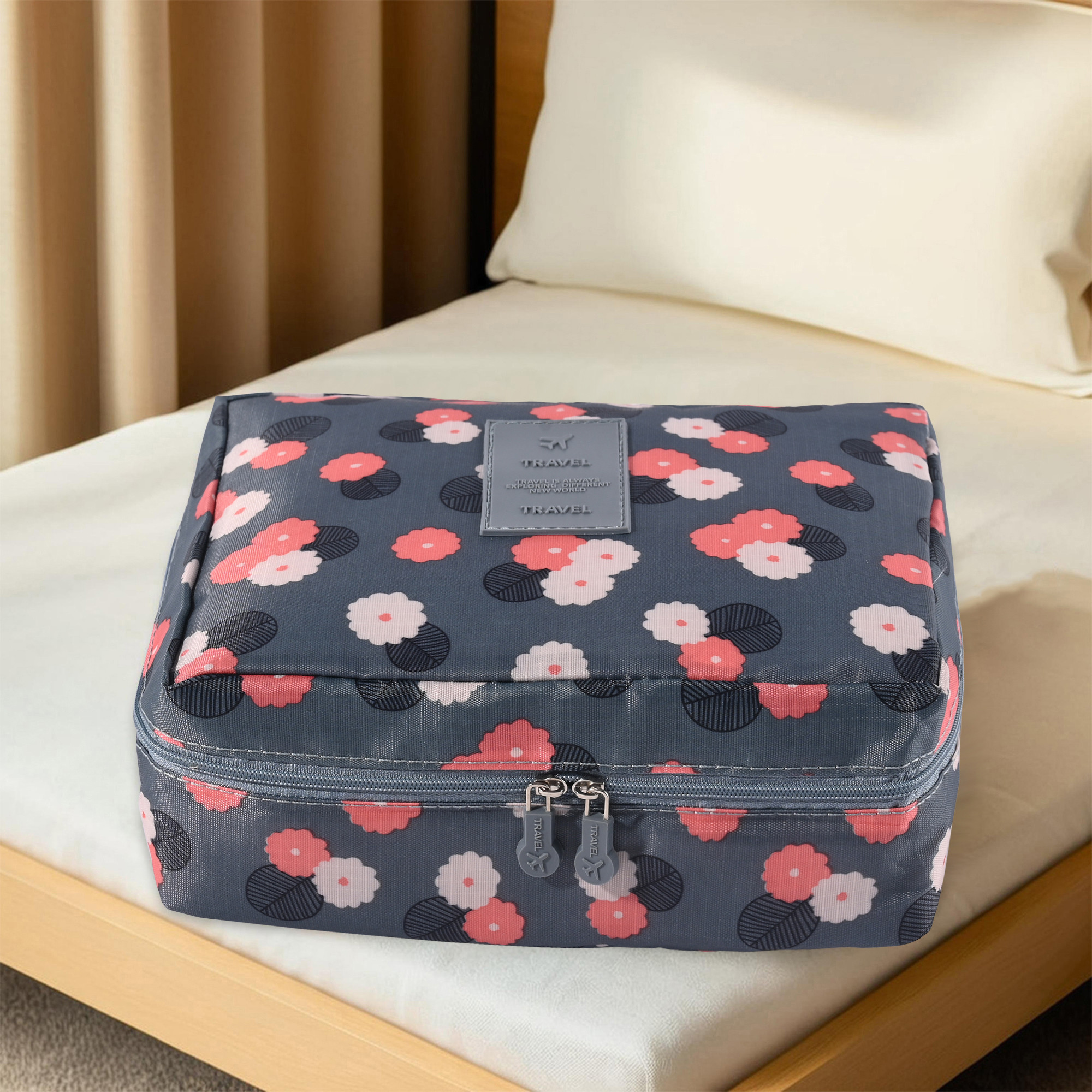 Kuber Industries Multi-Compartment Travel Toiletry Pouch for Men with Hanger  Space-Saving Cosmetic Bags for Women  Shaving Kit  Wash Bag for Men  YJ-16-BLU  Flower Print -  Blue