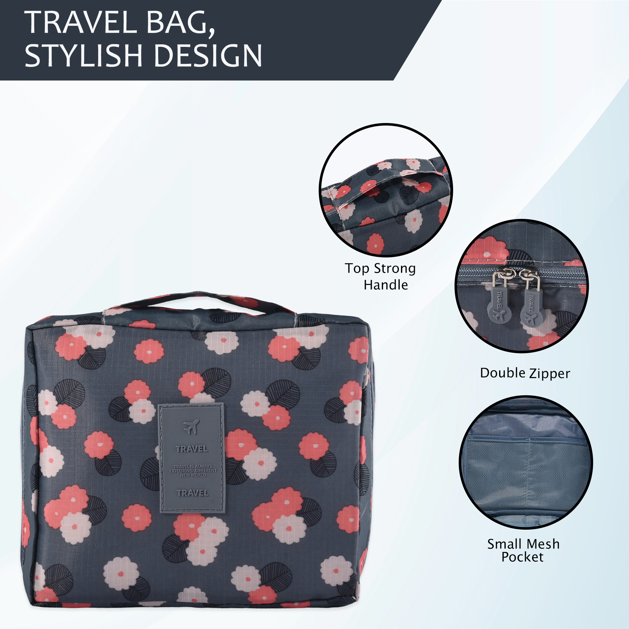 Kuber Industries Multi-Compartment Travel Toiletry Pouch for Men with Hanger  Space-Saving Cosmetic Bags for Women  Shaving Kit  Wash Bag for Men  YJ-16-BLU  Flower Print -  Blue