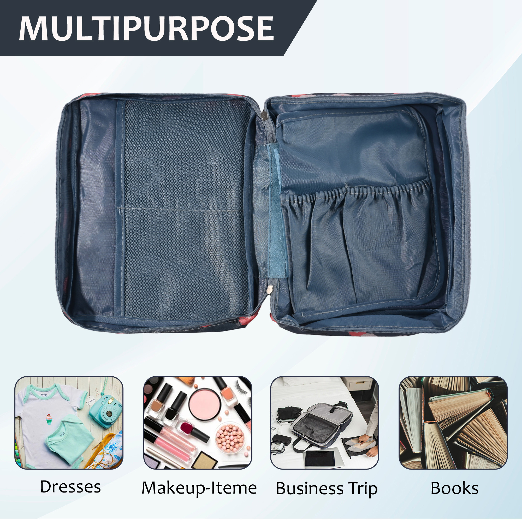 Kuber Industries Multi-Compartment Travel Toiletry Pouch for Men with Hanger  Space-Saving Cosmetic Bags for Women  Shaving Kit  Wash Bag for Men  YJ-16-BLU  Flower Print -  Blue