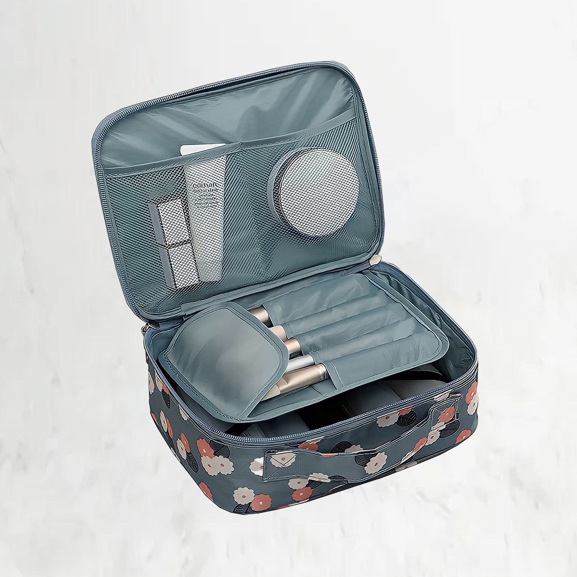 Kuber Industries Multi-Compartment Travel Toiletry Pouch for Women with Handle  Space-Saving Skinacre  Cosmetic Bag  Vanity Kit  Wash Bag for Girls  YJ-15-BLU  Flower Print - Blue