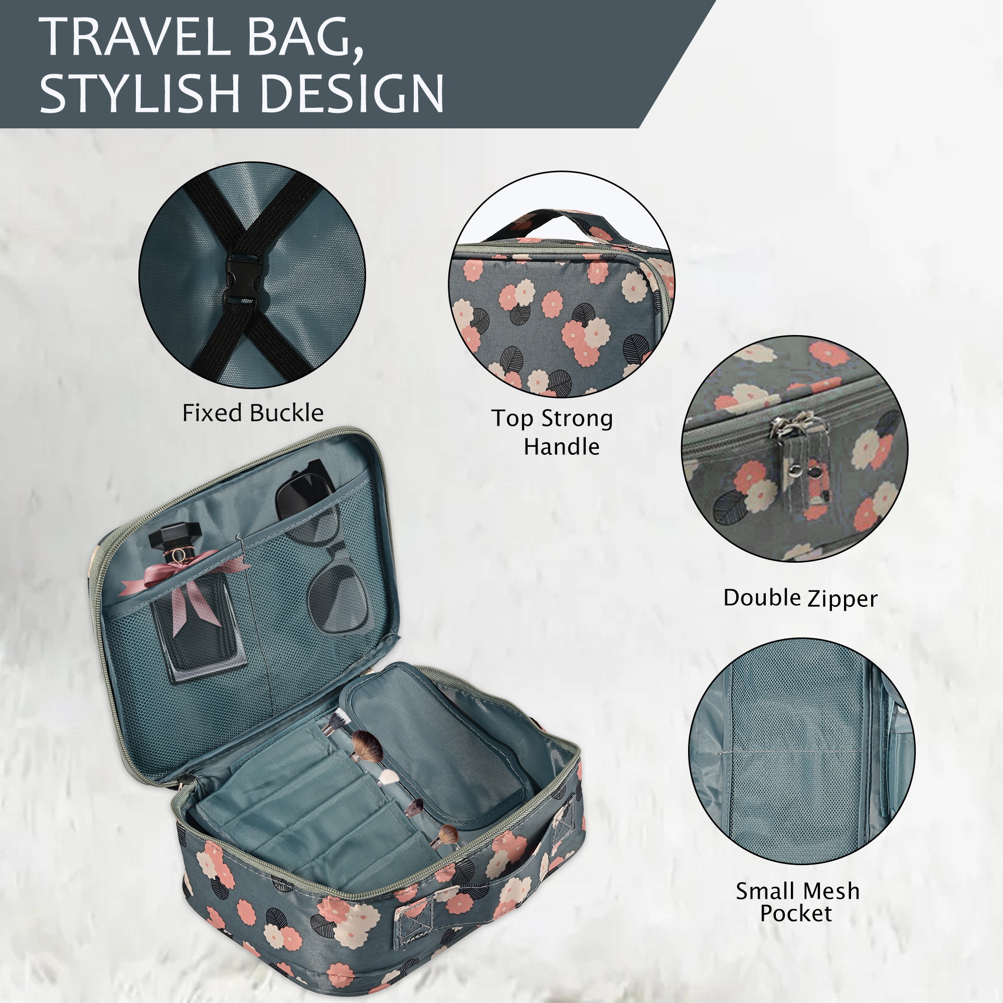 Kuber Industries Multi-Compartment Travel Toiletry Pouch for Women with Handle  Space-Saving Skinacre  Cosmetic Bag  Vanity Kit  Wash Bag for Girls  YJ-15-BLU  Flower Print - Blue