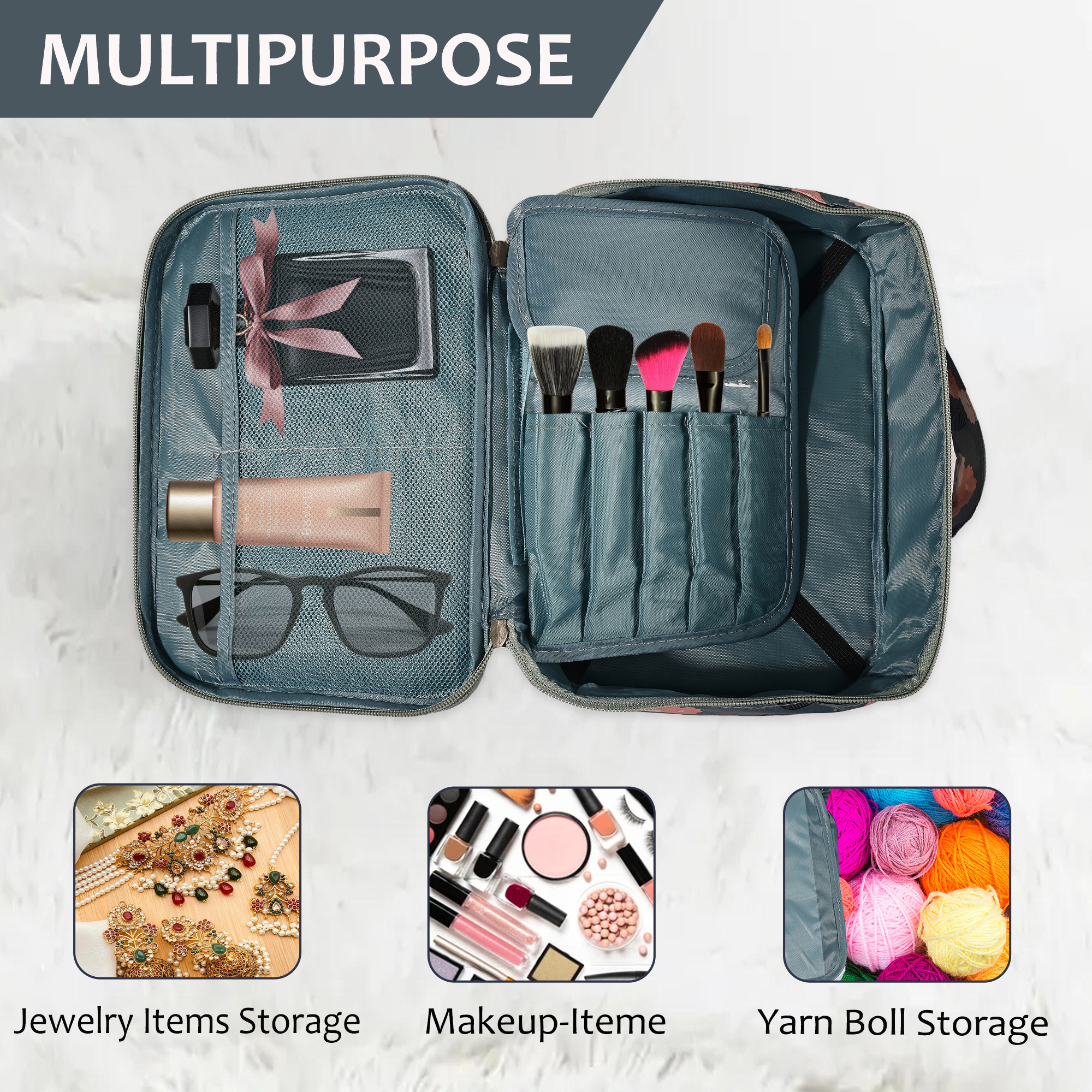 Kuber Industries Multi-Compartment Travel Toiletry Pouch for Women with Handle  Space-Saving Skinacre  Cosmetic Bag  Vanity Kit  Wash Bag for Girls  YJ-15-BLU  Flower Print - Blue