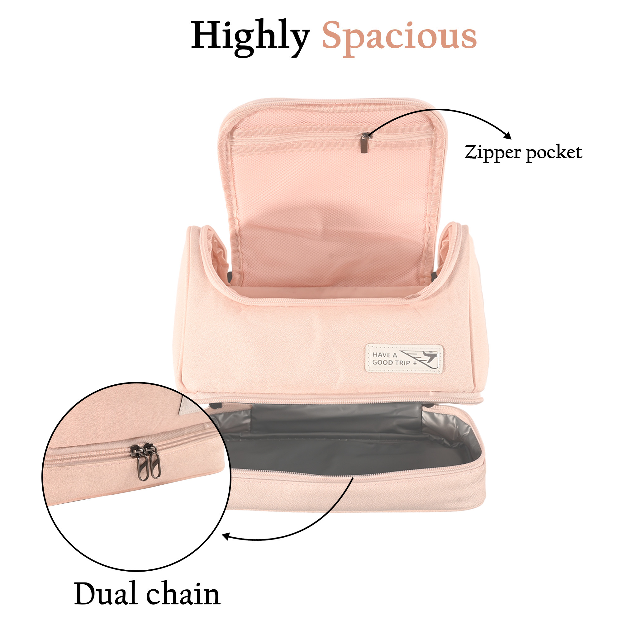 Kuber Industries Multi-Compartment Travel Toiletry Pouch for Women with Handle  Space-Saving Skincare  Cosmetic Bag  Vanity Kit  Wash Bag for Girls  YJ-13-PNK  Pink