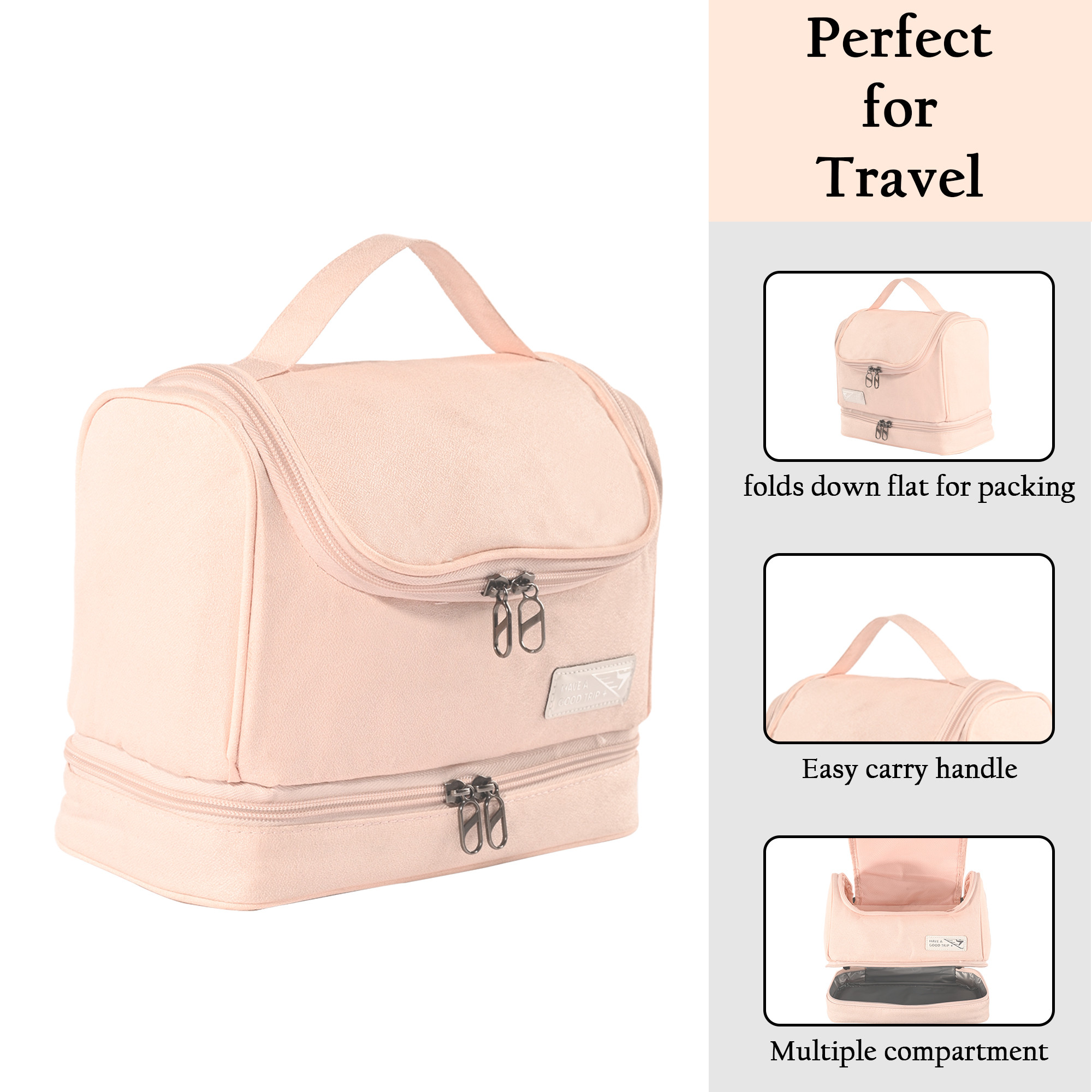 Kuber Industries Multi-Compartment Travel Toiletry Pouch for Women with Handle  Space-Saving Skincare  Cosmetic Bag  Vanity Kit  Wash Bag for Girls  YJ-13-PNK  Pink