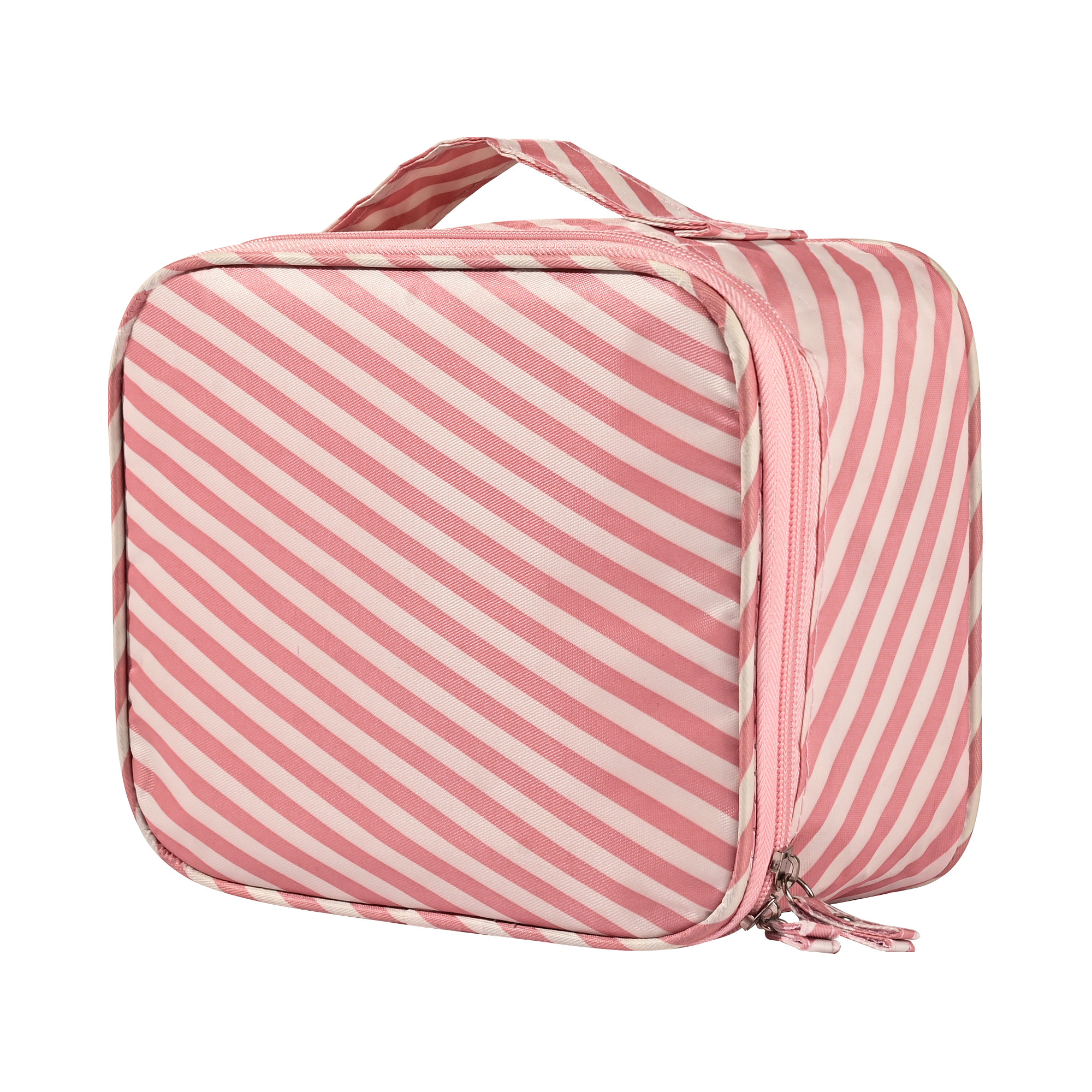Kuber Industries Multi-Compartment Travel Toiletry Pouch for Women with Handle  Space-Saving Skincare  Cosmetic Bag  Vanity Kit  Wash Bag for Girls  YJ-15-PNK  Pink Stripes