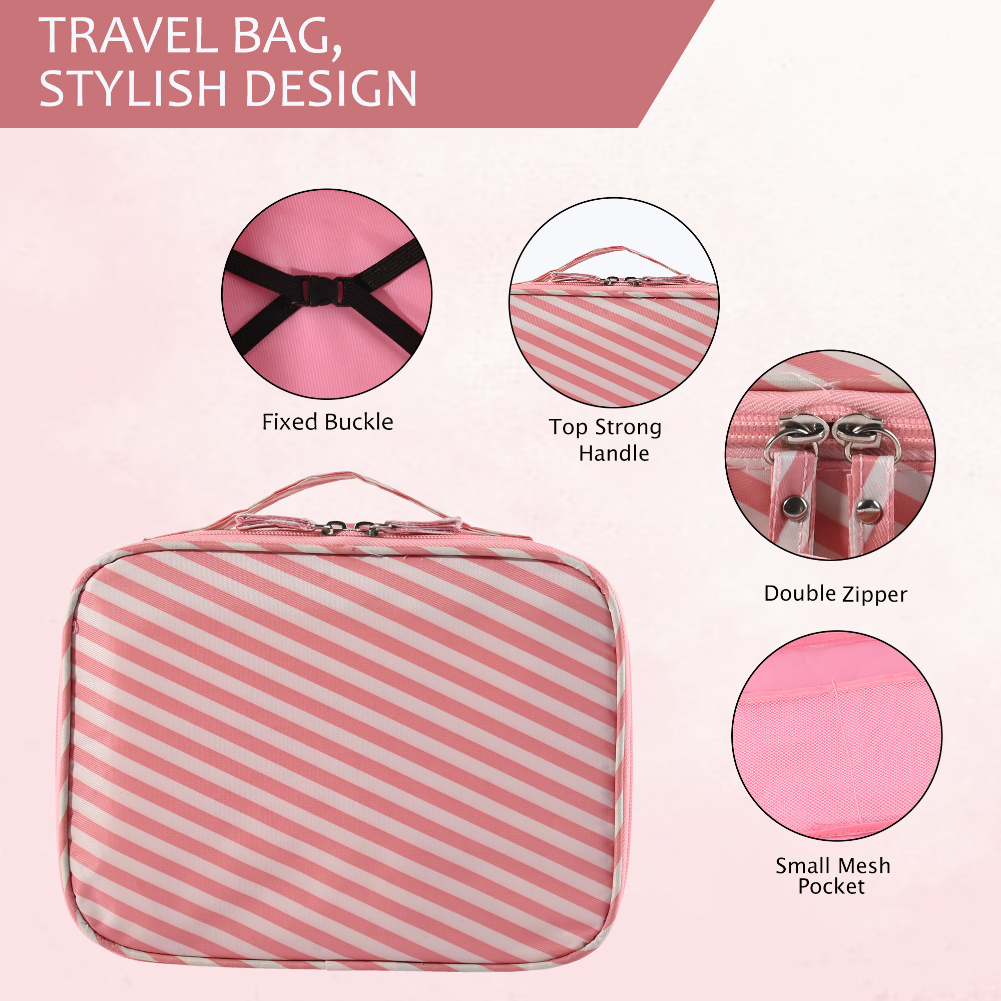 Kuber Industries Multi-Compartment Travel Toiletry Pouch for Women with Handle  Space-Saving Skincare  Cosmetic Bag  Vanity Kit  Wash Bag for Girls  YJ-15-PNK  Pink Stripes