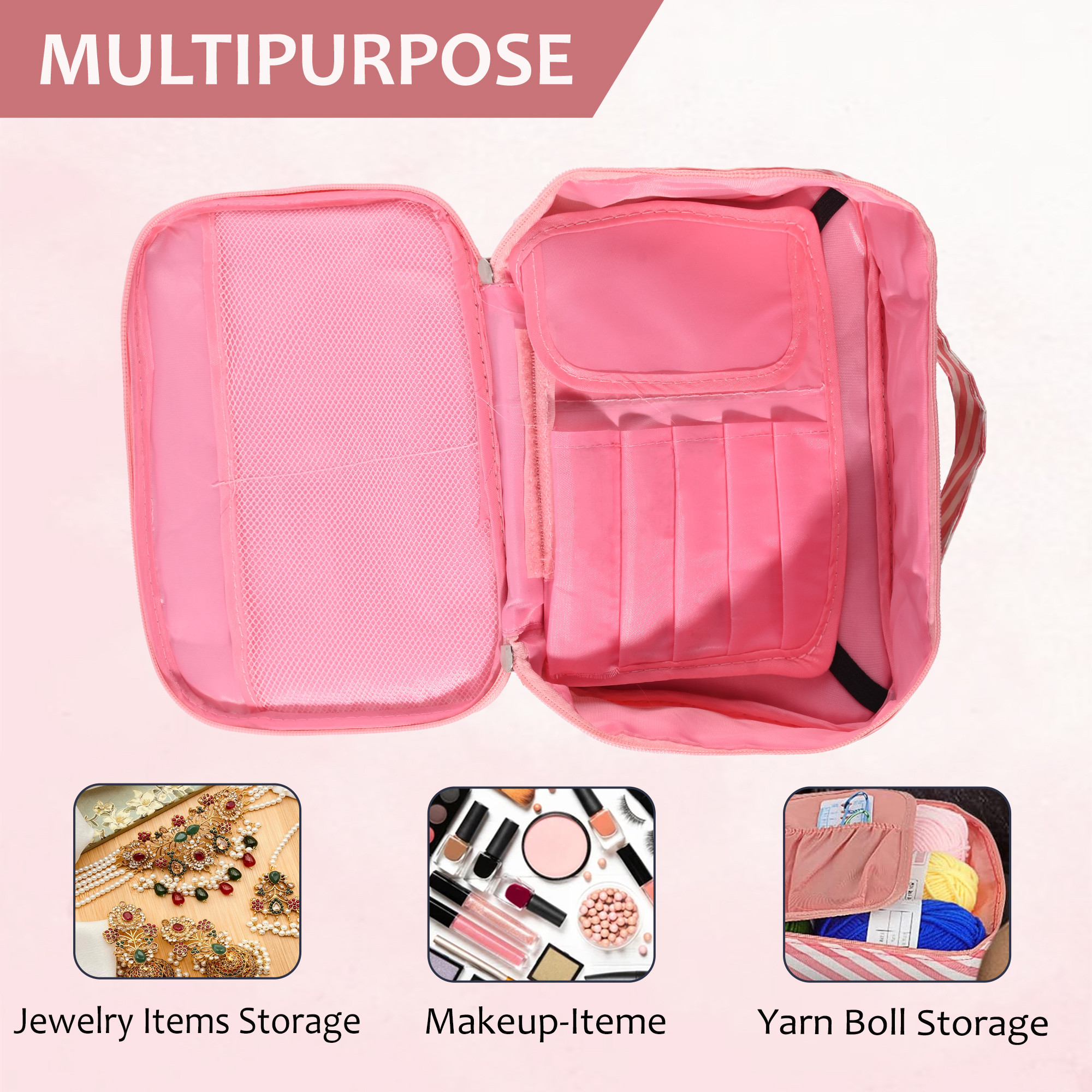 Kuber Industries Multi-Compartment Travel Toiletry Pouch for Women with Handle  Space-Saving Skincare  Cosmetic Bag  Vanity Kit  Wash Bag for Girls  YJ-15-PNK  Pink Stripes
