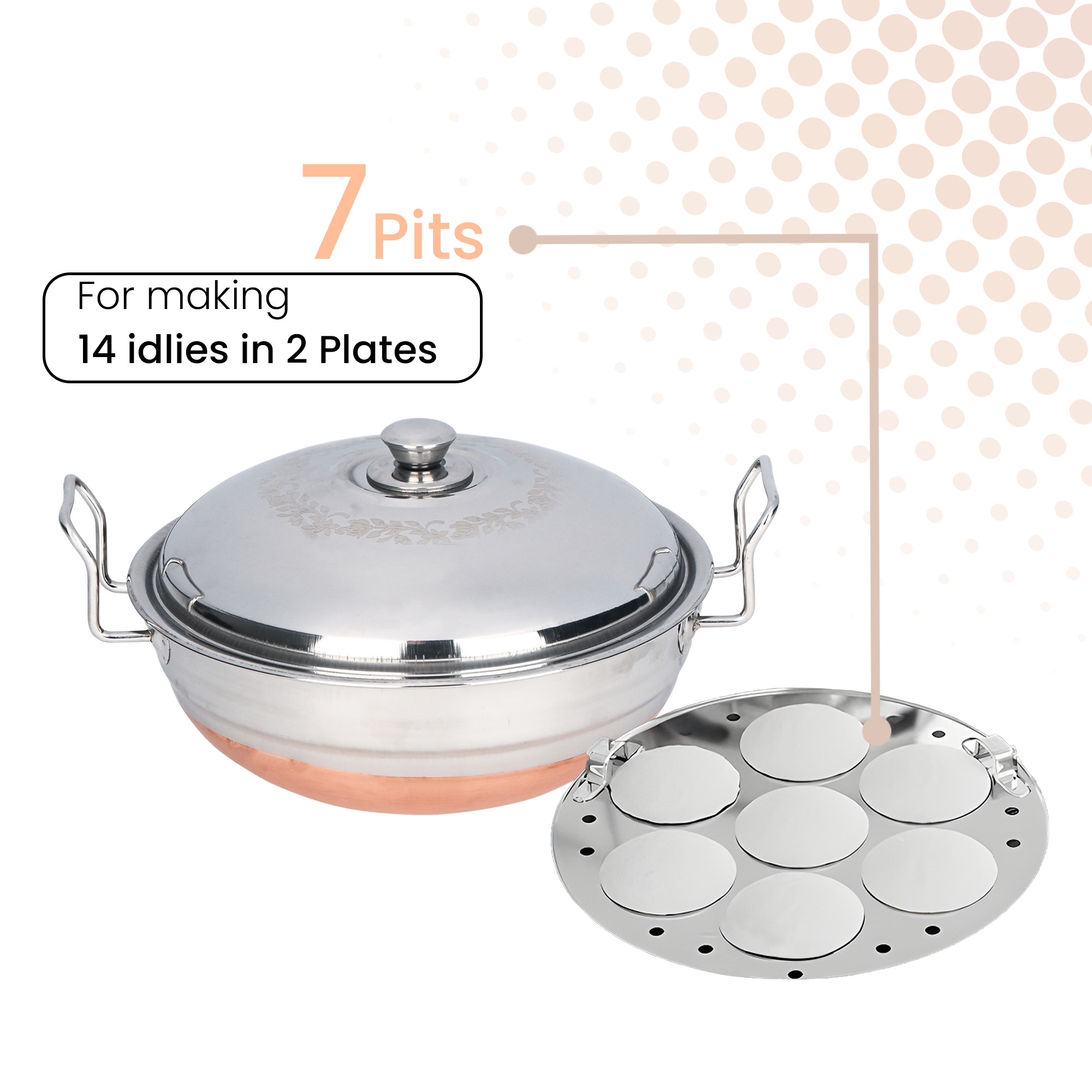 Kuber Industries Multi Kadai Idli Steamer Stainless Steel with Copper Base  Idly Pot with Lid  Handles  Dhokla Idli Maker Set - 2 Idli Plate 2 Dhokla Plate  1 Patra Momo Steamer Plate  Silver