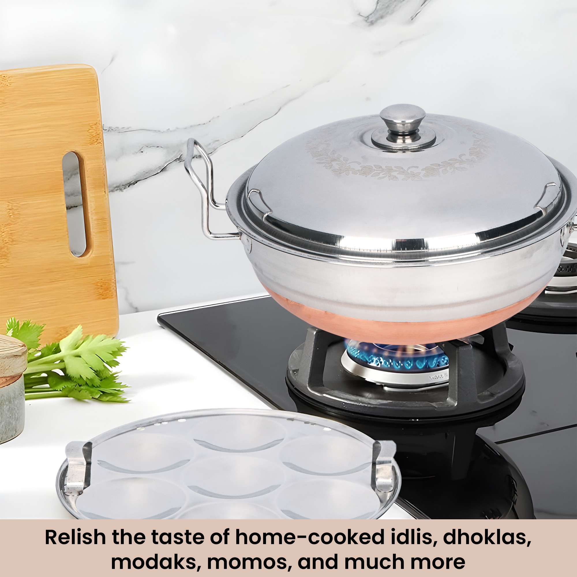 Kuber Industries Multi Kadai Idli Steamer Stainless Steel with Copper Base  Idly Pot with Lid  Handles  Dhokla Idli Maker Set - 2 Idli Plate 2 Dhokla Plate  1 Patra Momo Steamer Plate  Silver