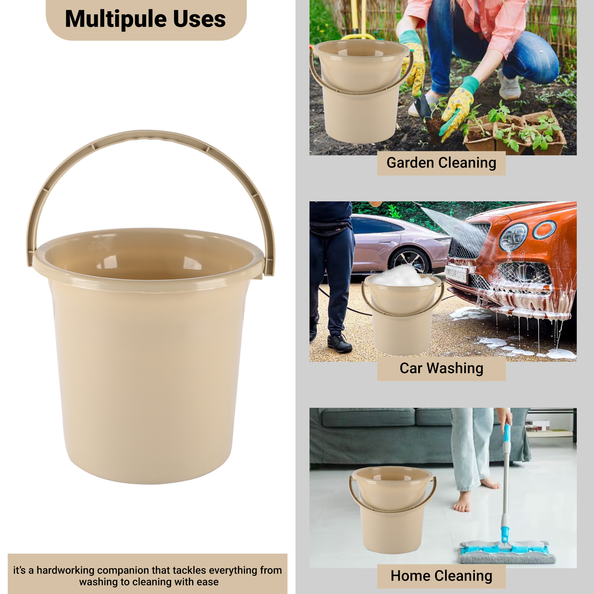 Kuber Industries Multi-Purpose 18 Litres Water Buckets for Washing Clothes with Handle  Bathing Balti for Bathroom  Water Storage Container - Essential for Household Chores  Beige