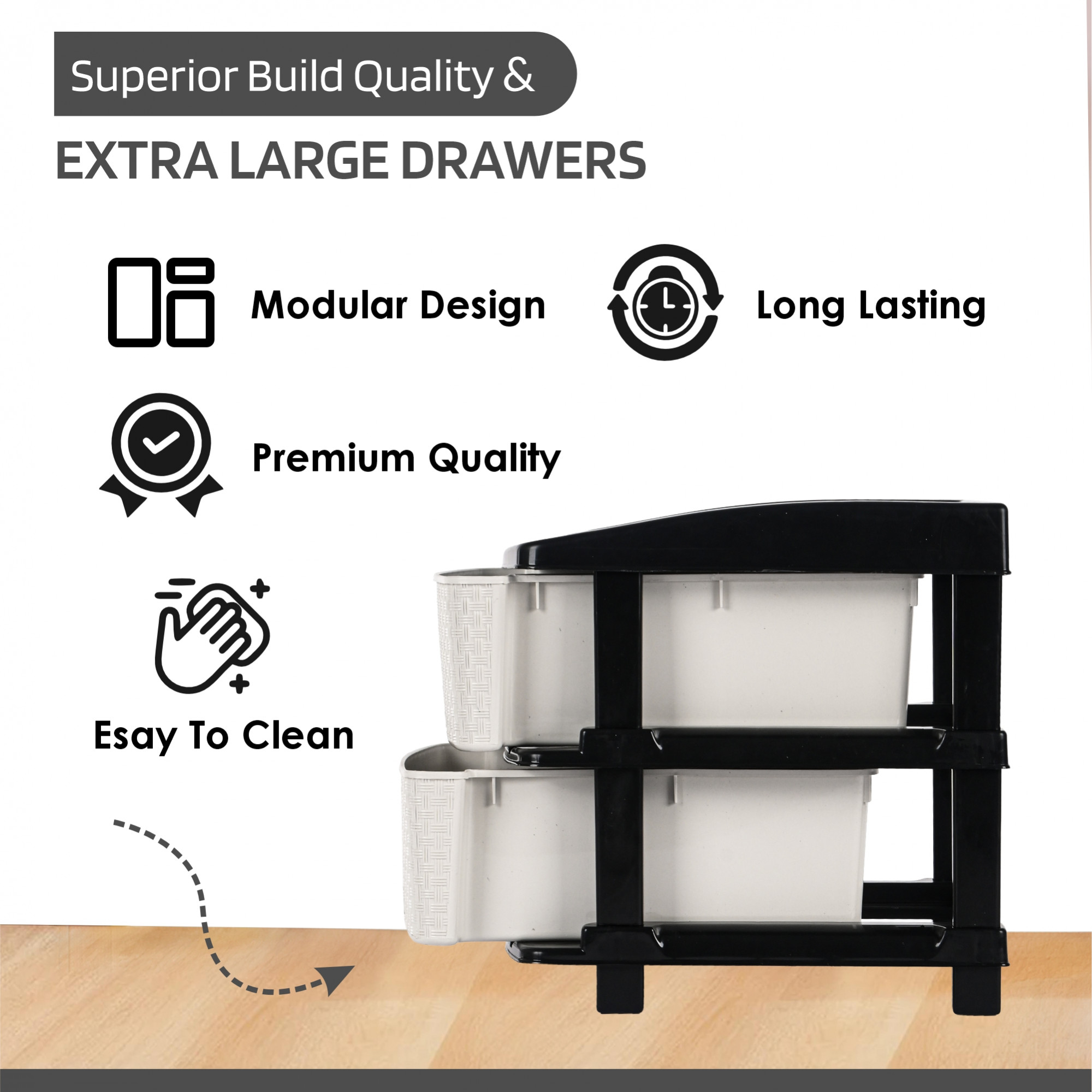 Kuber Industries Multi-Purpose 2-Layer Plastic Drawer Storage Organiser  Durable  Modular Kitchen  Toy Organizer For Kids Room Office  Home  Black  White