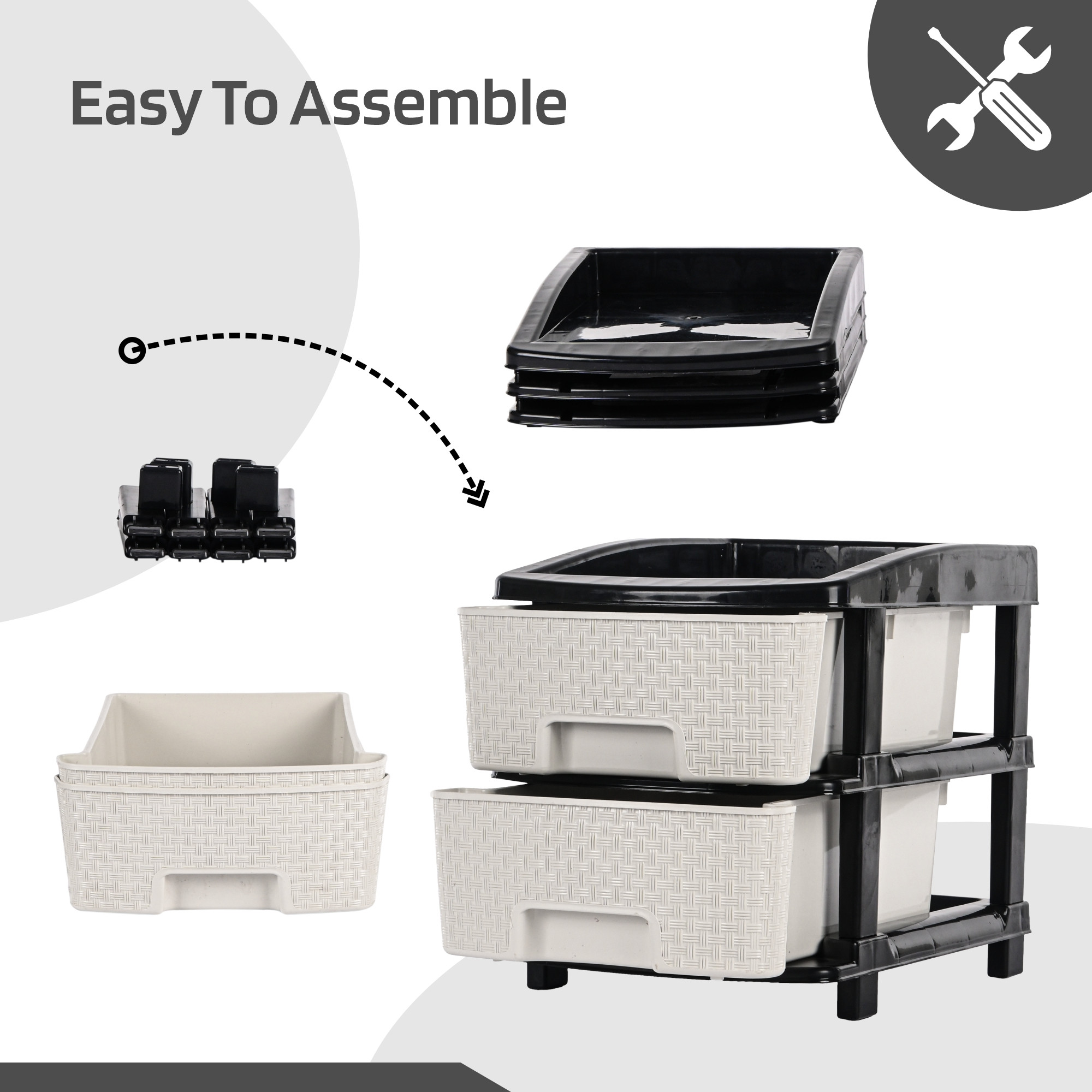 Kuber Industries Multi-Purpose 2-Layer Plastic Drawer Storage Organiser  Durable  Modular Kitchen  Toy Organizer For Kids Room Office  Home  Black  White