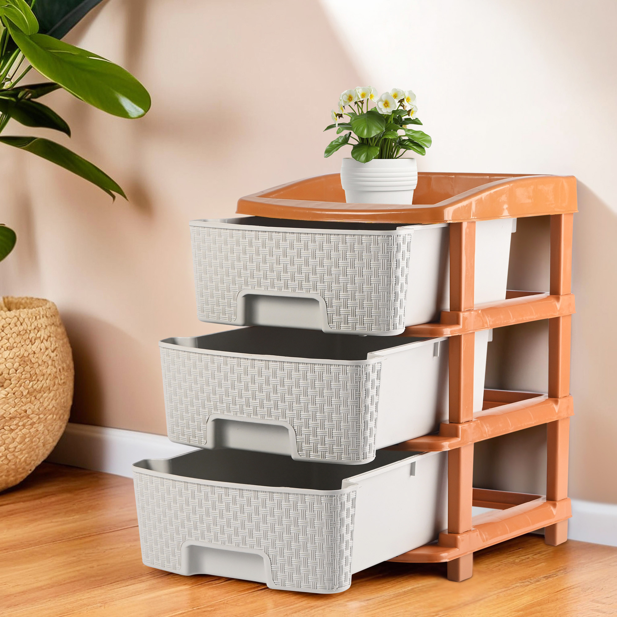 Kuber Industries Multi-Purpose 2-Layer Plastic Drawer Storage Organiser | Durable & Modular Kitchen & Toy Organizer For Kids Room, Office & Home | White & Golden