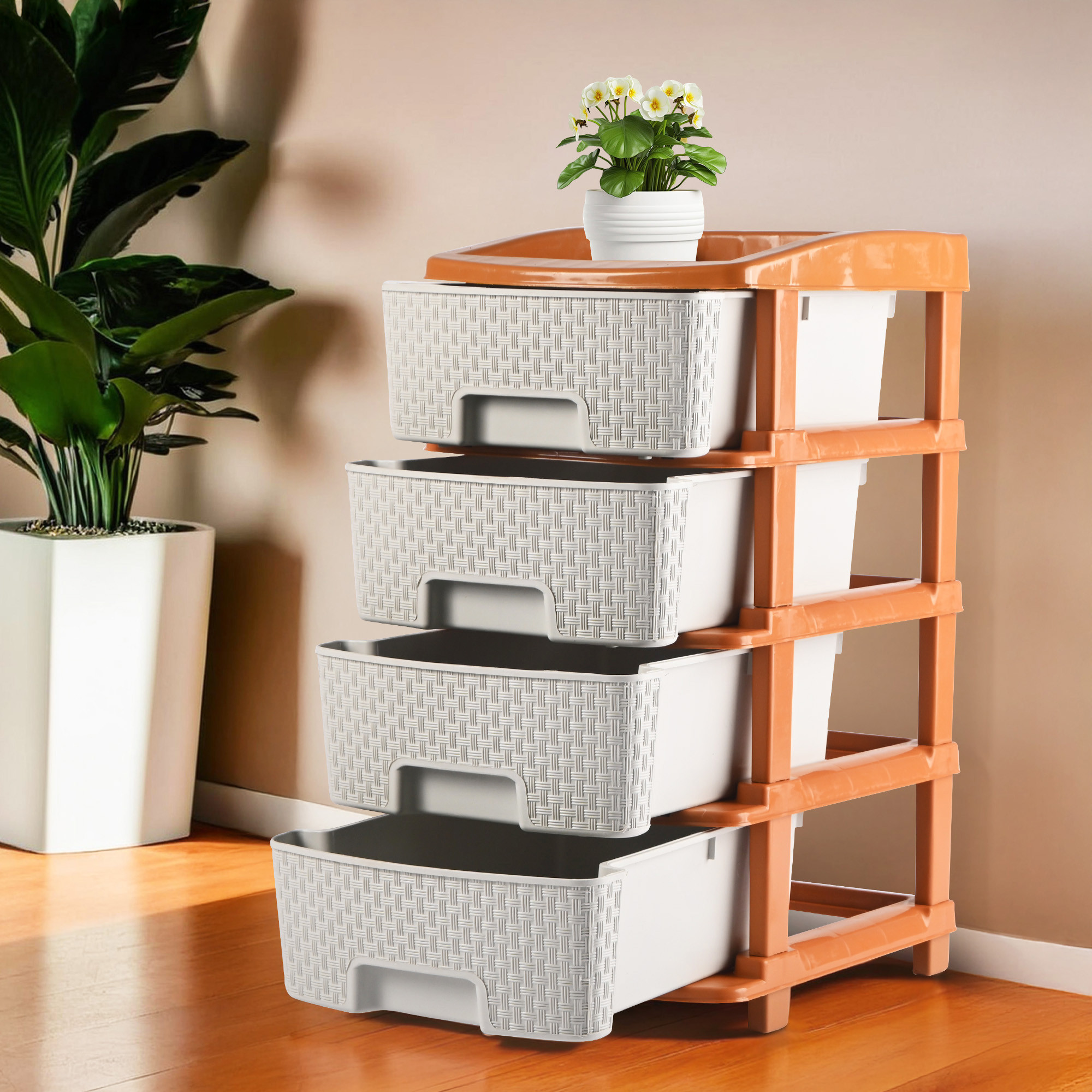 Kuber Industries Multi-Purpose 2-Layer Plastic Drawer Storage Organiser | Durable & Modular Kitchen & Toy Organizer For Kids Room, Office & Home | White & Golden