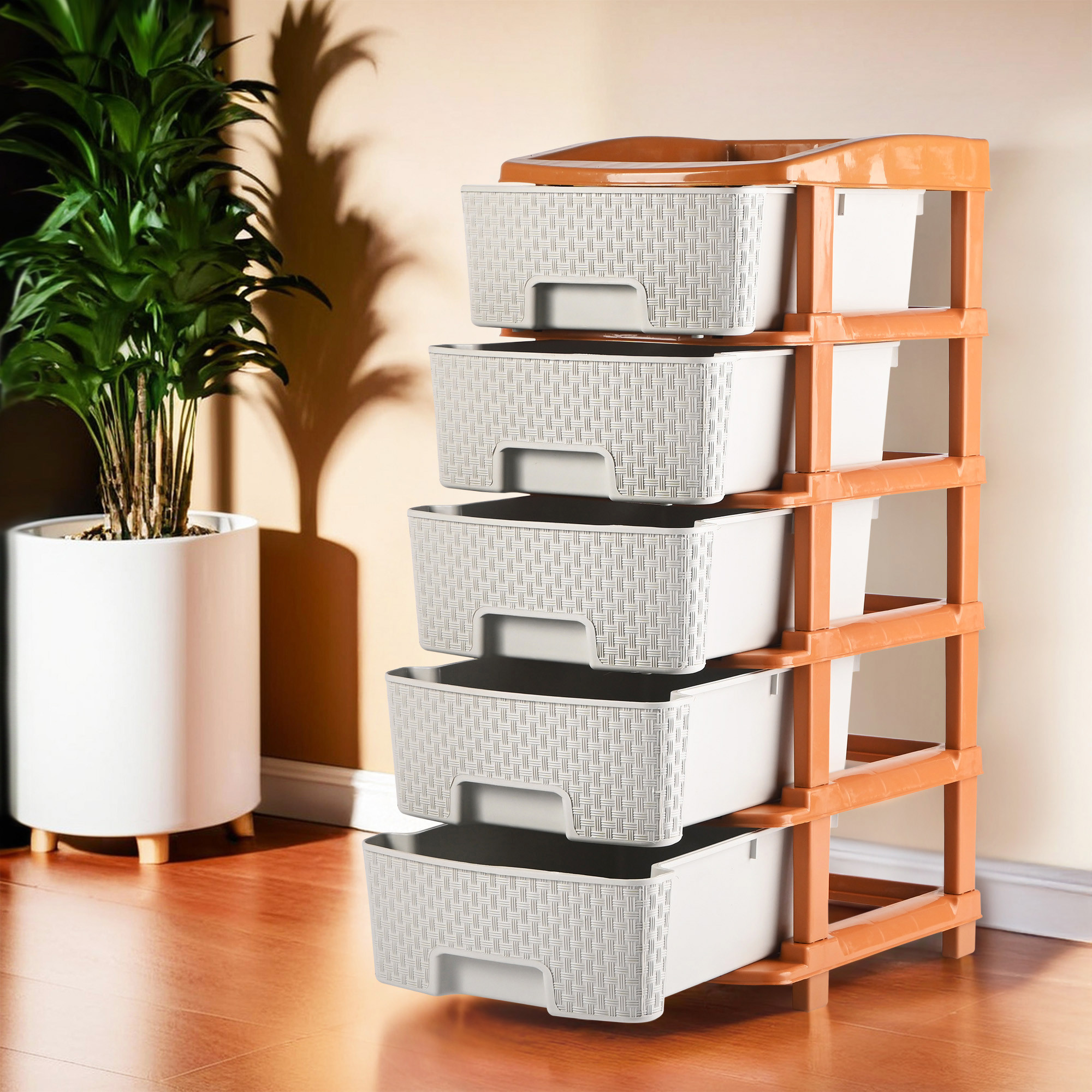 Kuber Industries Multi-Purpose 2-Layer Plastic Drawer Storage Organiser | Durable & Modular Kitchen & Toy Organizer For Kids Room, Office & Home | White & Golden