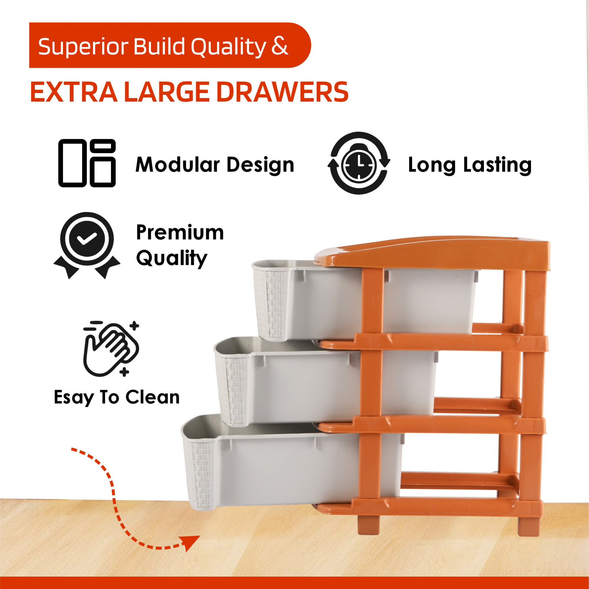 Kuber Industries Multi-Purpose 3-Layer Plastic Drawer Storage Organiser  Durable  Modular Kitchen  Toy Organizer For Kids Room Office  Home  White  Golden